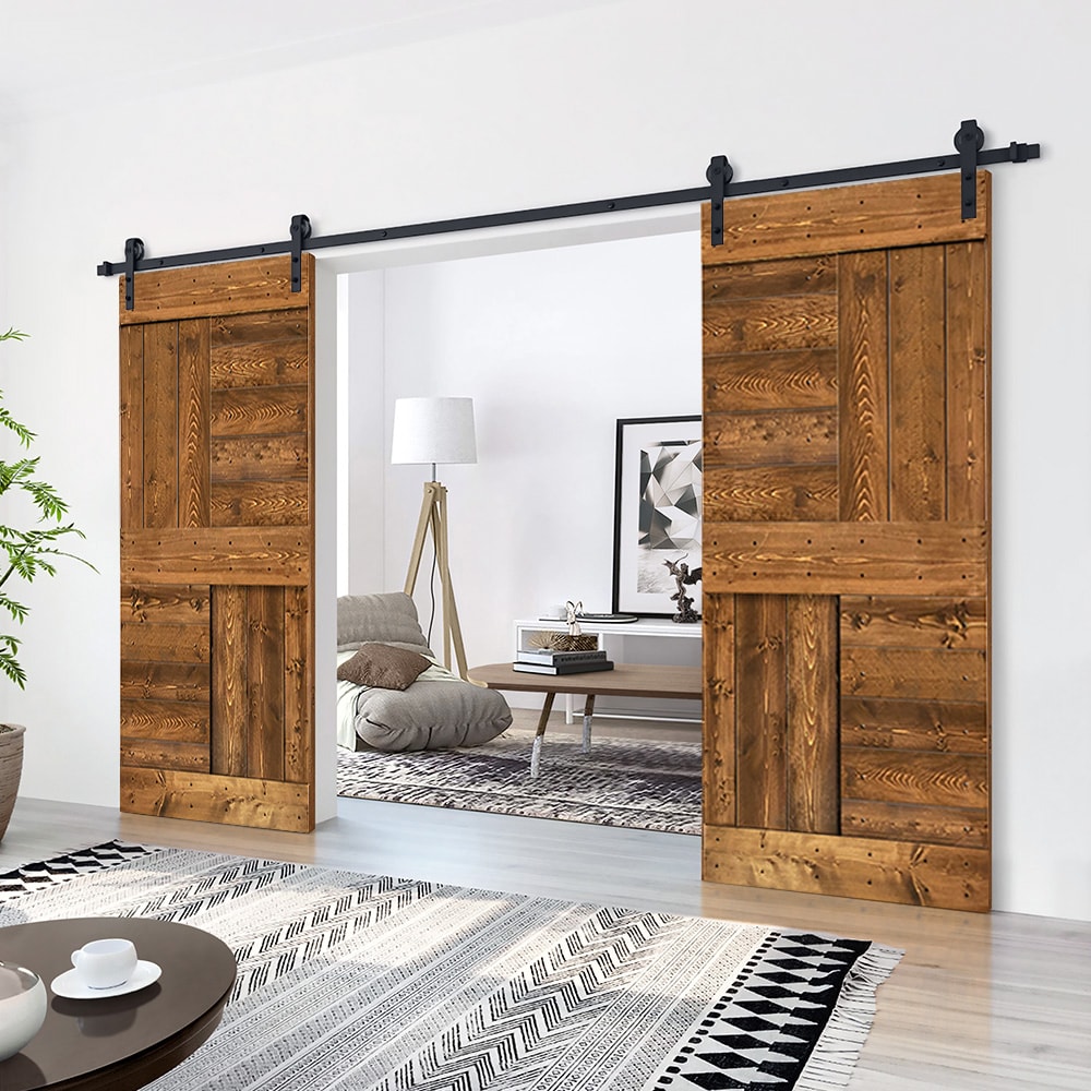 CALHOME 72-in x 84-in Walnut Pine Wood Double Barn Door (Hardware ...