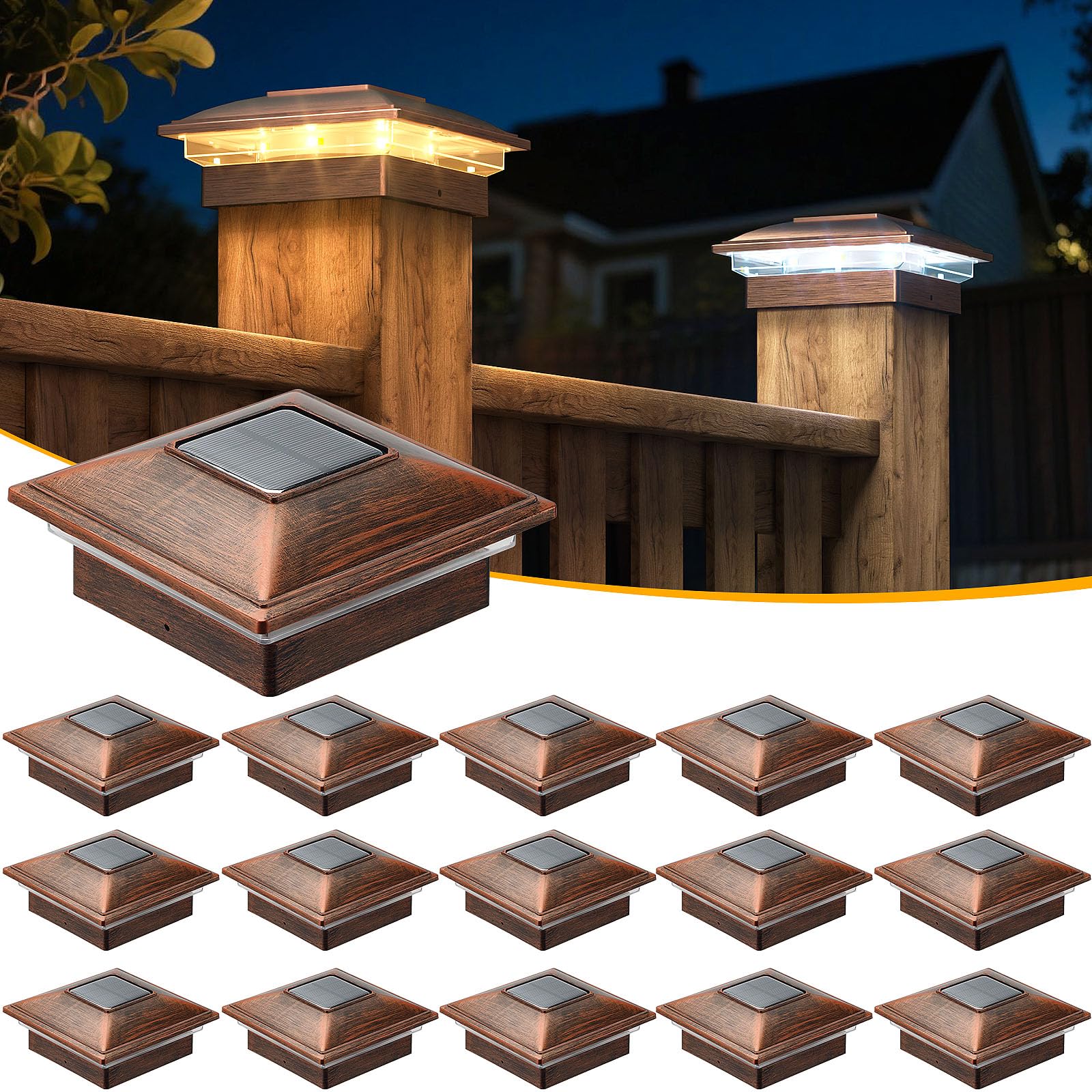 Justincity  16 pack solar fence post lights outdoor waterproof for 4x4 wood or vinyl posts two light modes warm cool white garden patio deck yard