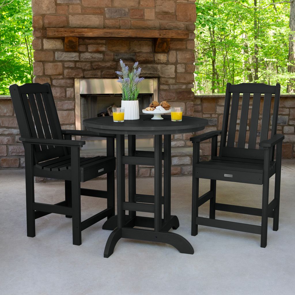 highwood AD-CNL36-BKE Lehigh 3 -Piece Black Bar Height Patio Dining Set Plastic Round Table with 2 Stationary Chairs