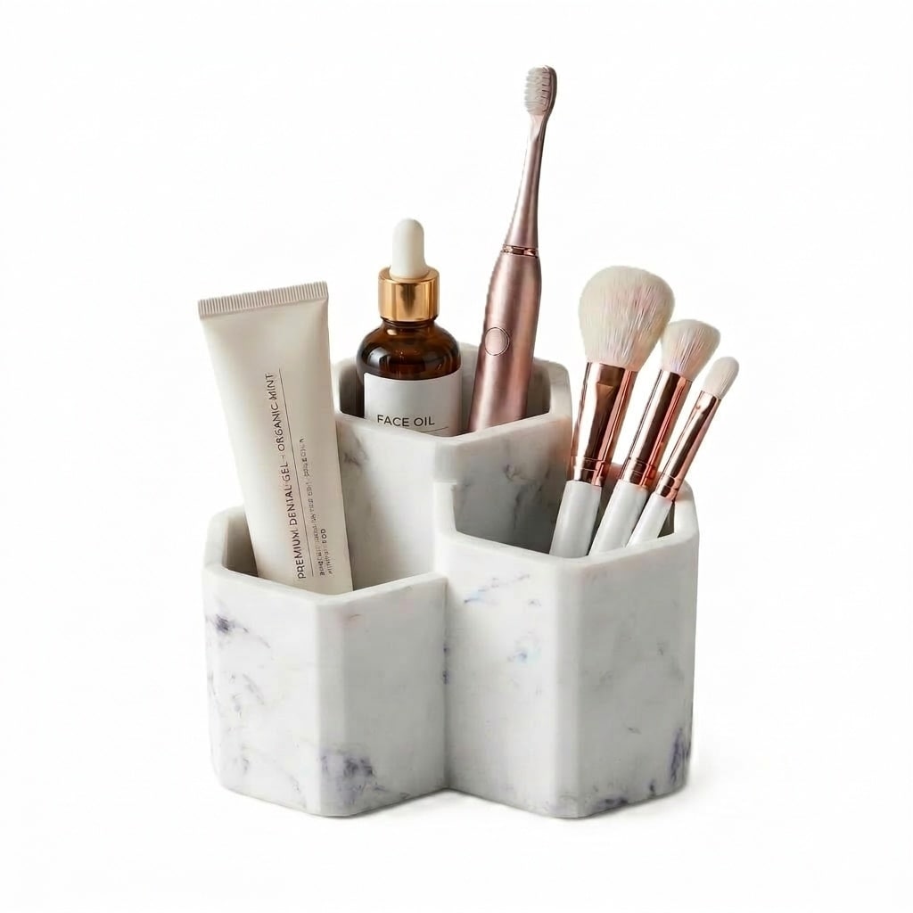 Phyfalip  Bathroom Toothbrush Holder Resin Organizer with 3 Slots for Toothpaste Razors Makeup Brushes Comb and Stationery Marble Pattern