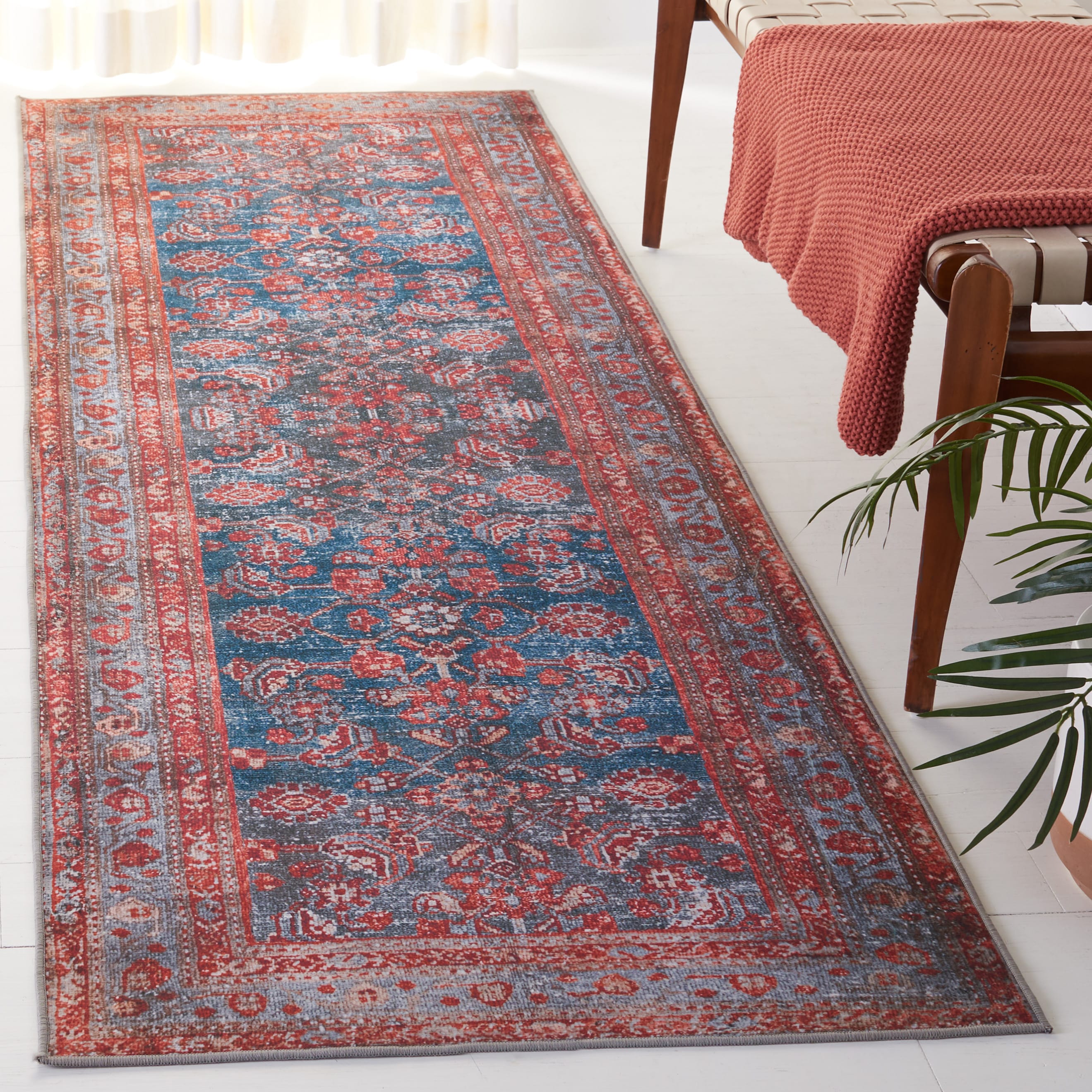 Tucson 183M Blue Rust Machine Washable/Slip Resistant 2ft-6in x 8ft Traditional Rug