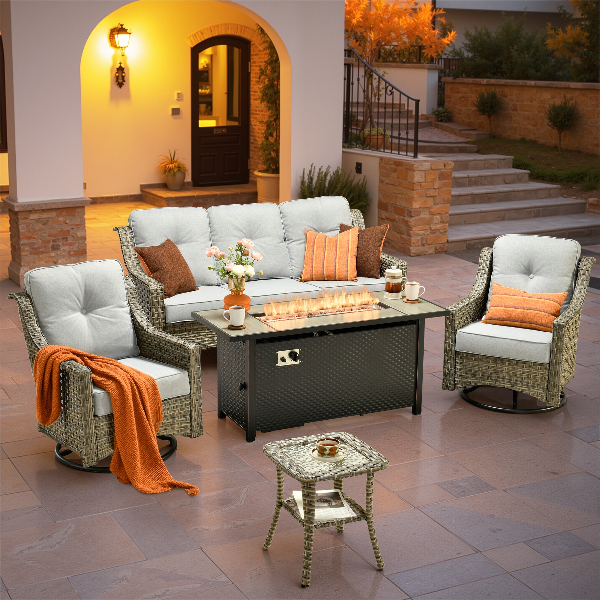 weaxty HMBCFP8503PADYZ5S4 Aireno 5 -Piece Wicker Patio Sofa Conversation Set with Gray Cushions