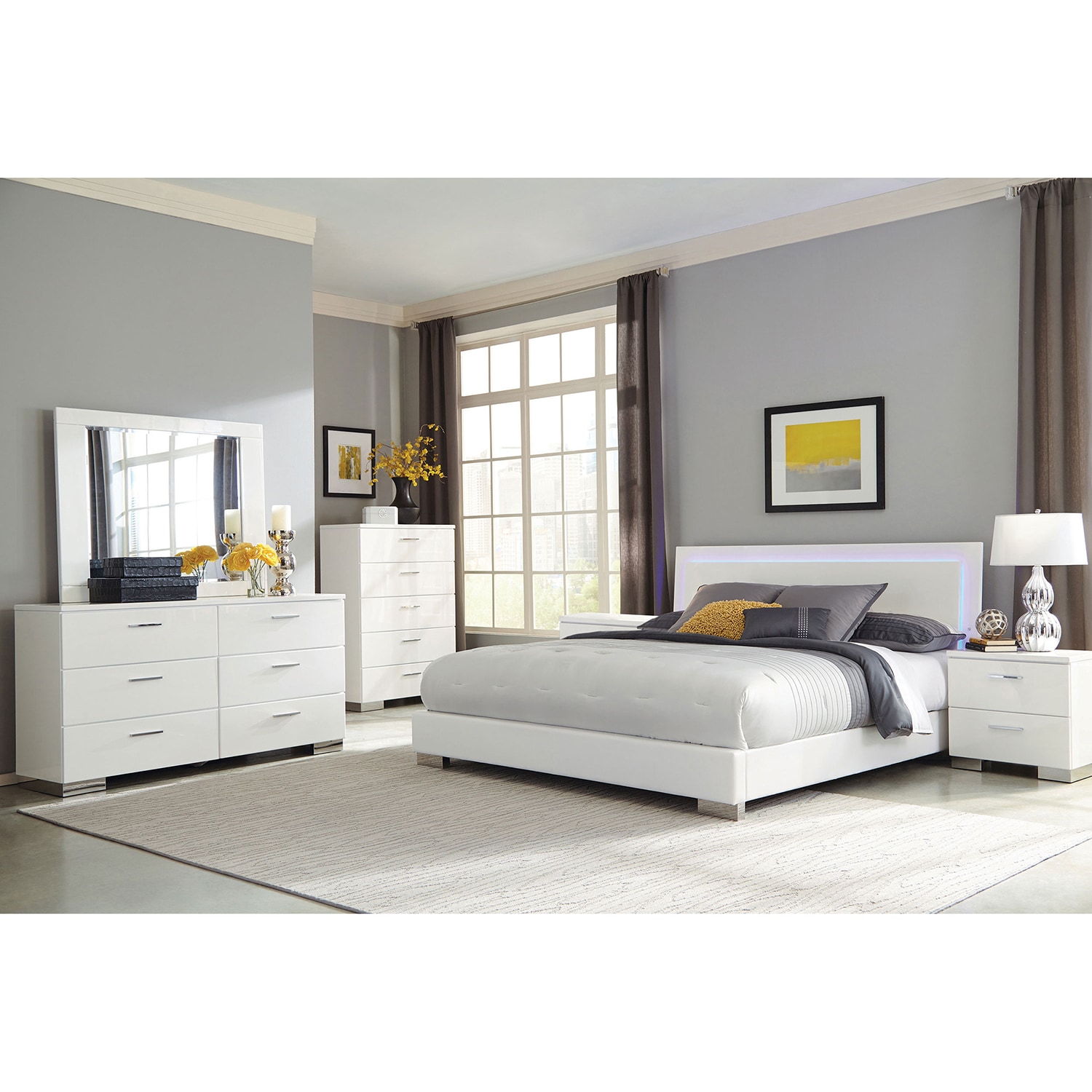 LOVMOR -  Gloss White King 6PCS Bedroom Set with 1xBed 2xNightstand 1xDresser 1xMirror 1xChest