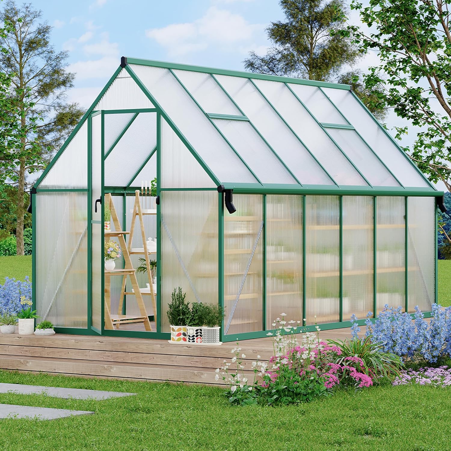 GAOMON 8x12 ft Polycarbonate Greenhouse with Aluminum Frame Roof Vent Gutter System and UV Protection for Outdoor Garden