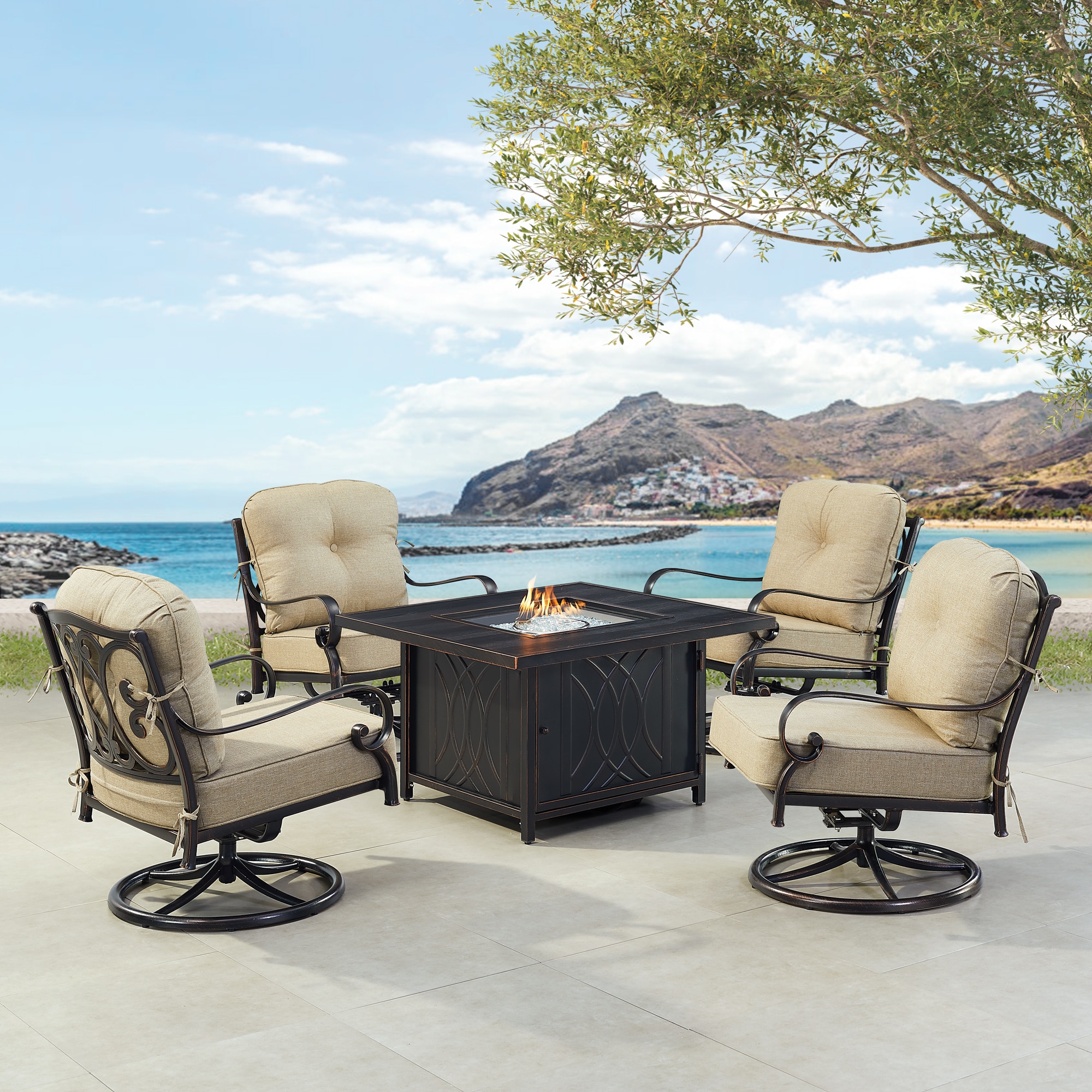 Oakland Living POPPY4CHCAVETNCUA Fire Pit Table Set, Four Lounge Chairs and Wind Guard 14 -Piece Patio Conversation Set with Tan Cushions