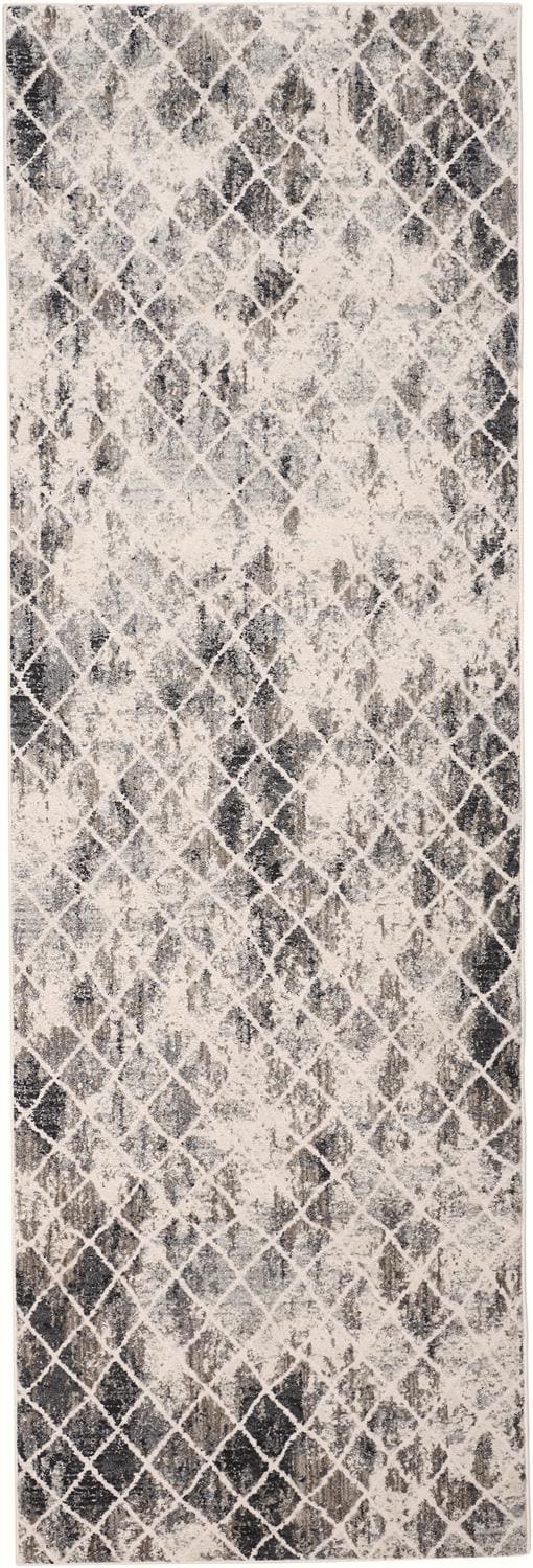 Ivory and Gray Diamond Pattern Runner Rug 2'7" x 8'