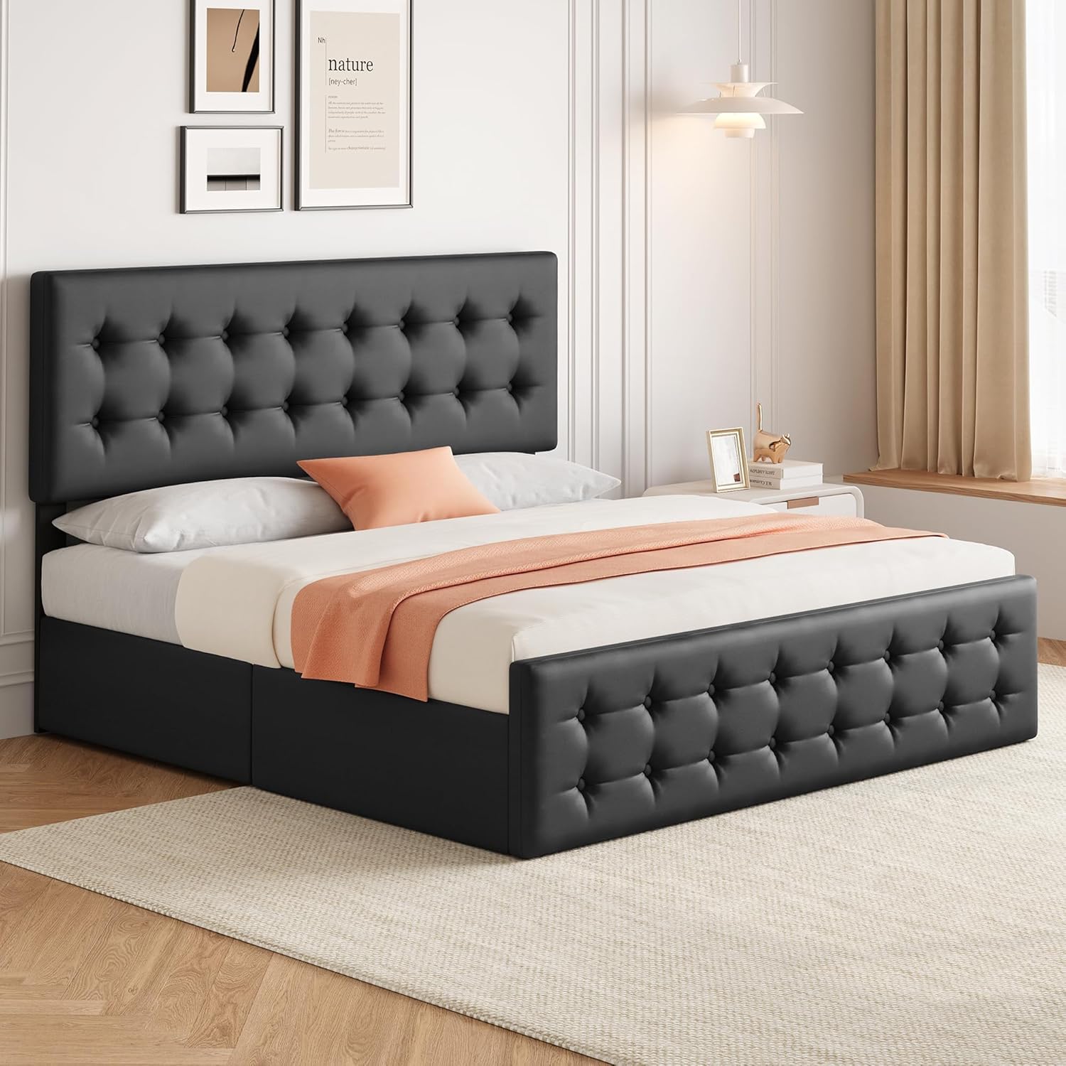 Qeetex LHF-BED-PHO-121UDNL6 King Size Bed Frame with 4 Storage Drawers and Headboard Faux Leather Upholstered Platform Bed Frame with Wooden Slats Support Button Tufted Design No Box Spring Needed Black
