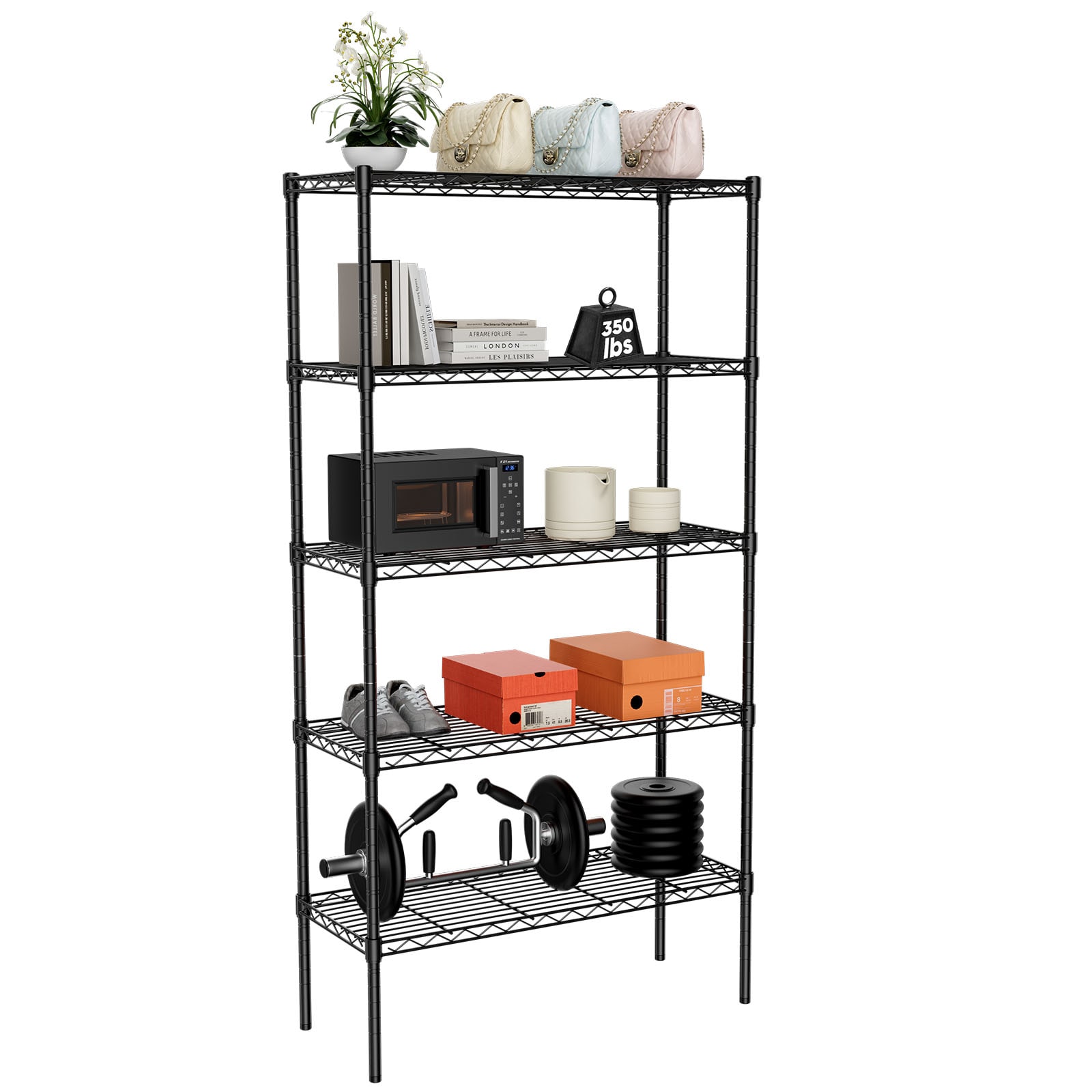 Flynama J-V-34111 Metal Heavy Duty 5 -Tier Utility shelving unit ( 13.8-in W x 35.4-in D x 69.3-in H ) ( Black , ( 250-lb lbs. Capacity Per Shelf )