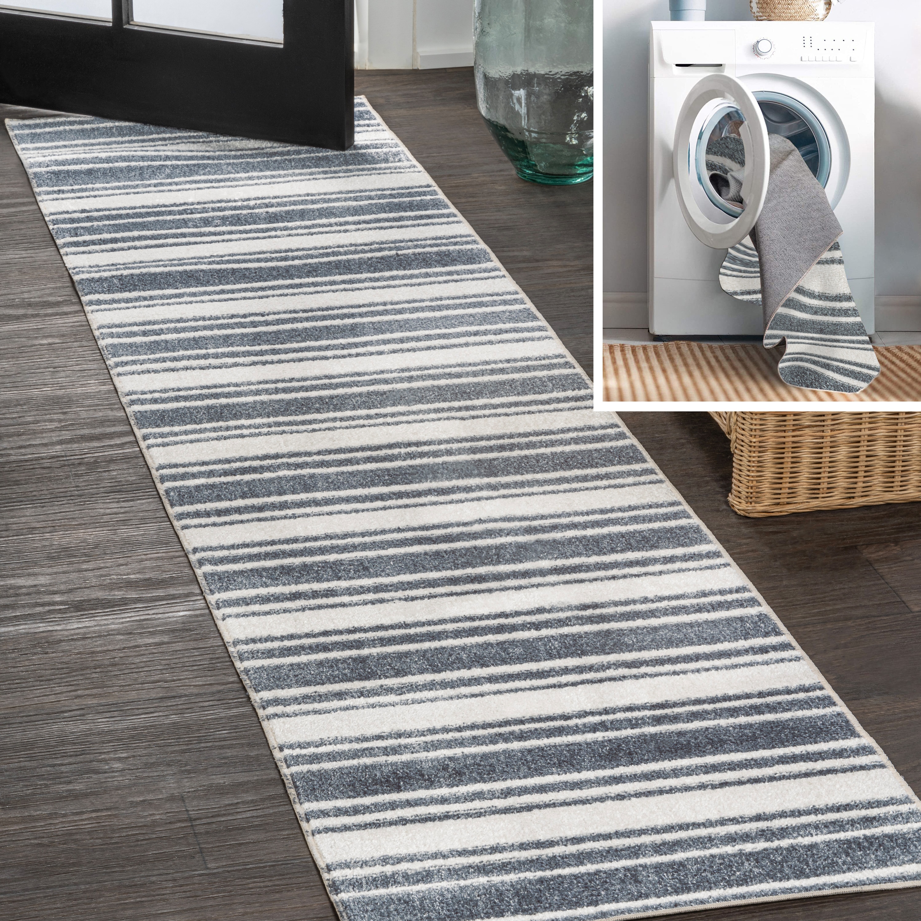 JONATHAN  Y WSH304A-28 WASHABLE Fawning Two-Tone Striped Classic Low-Pile 2 x 8 (ft) Loomed Polyester Cream/Dark Gray Rectangular Indoor Stripe Farmhouse/Cottage Machine washable Runner rug