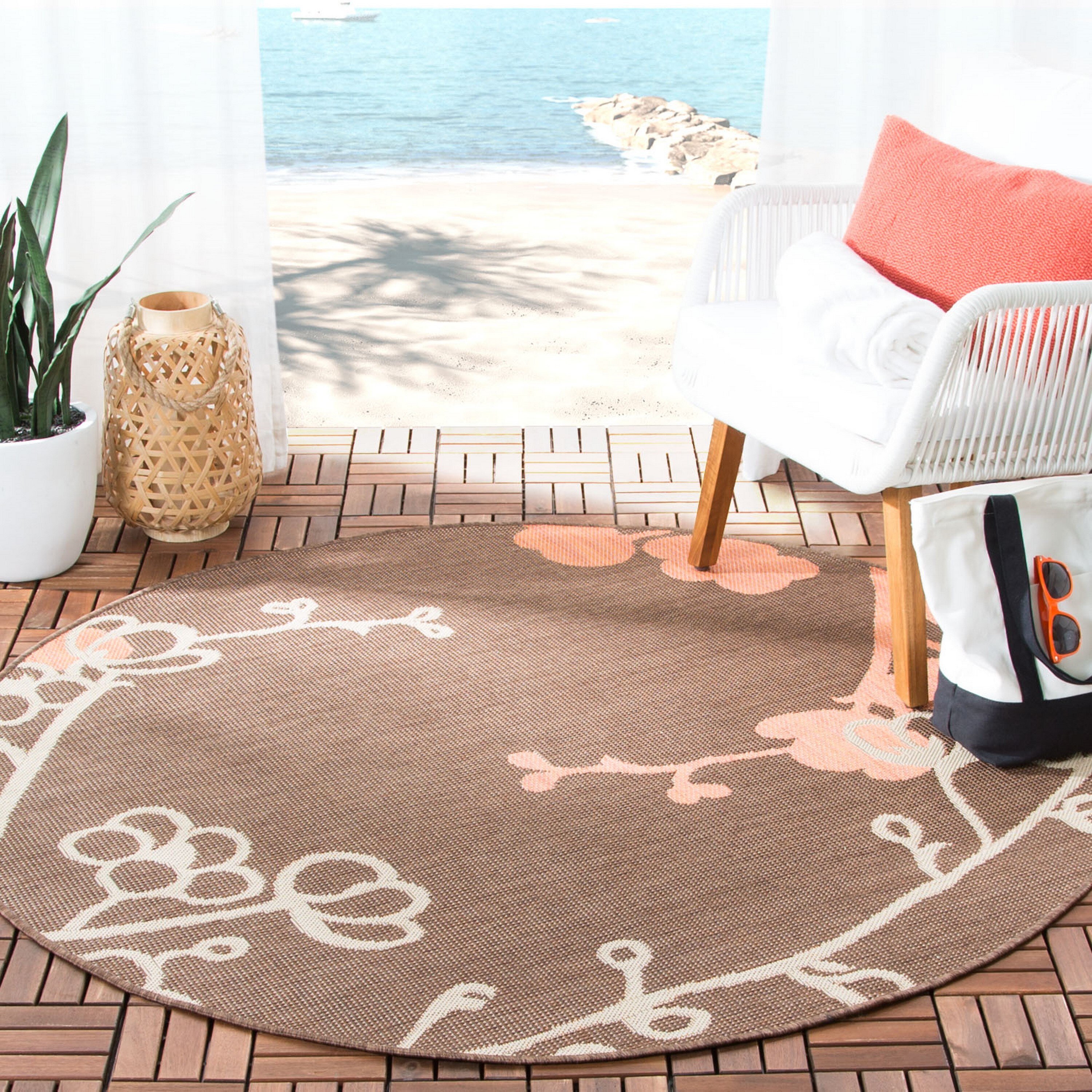 Safavieh CY4038C-5R Courtyard Baja 5 x 5 (ft) Loomed Polypropylene Brown Natural/Terracotta Round Indoor/Outdoor Floral/Botanical Coastal Area rug