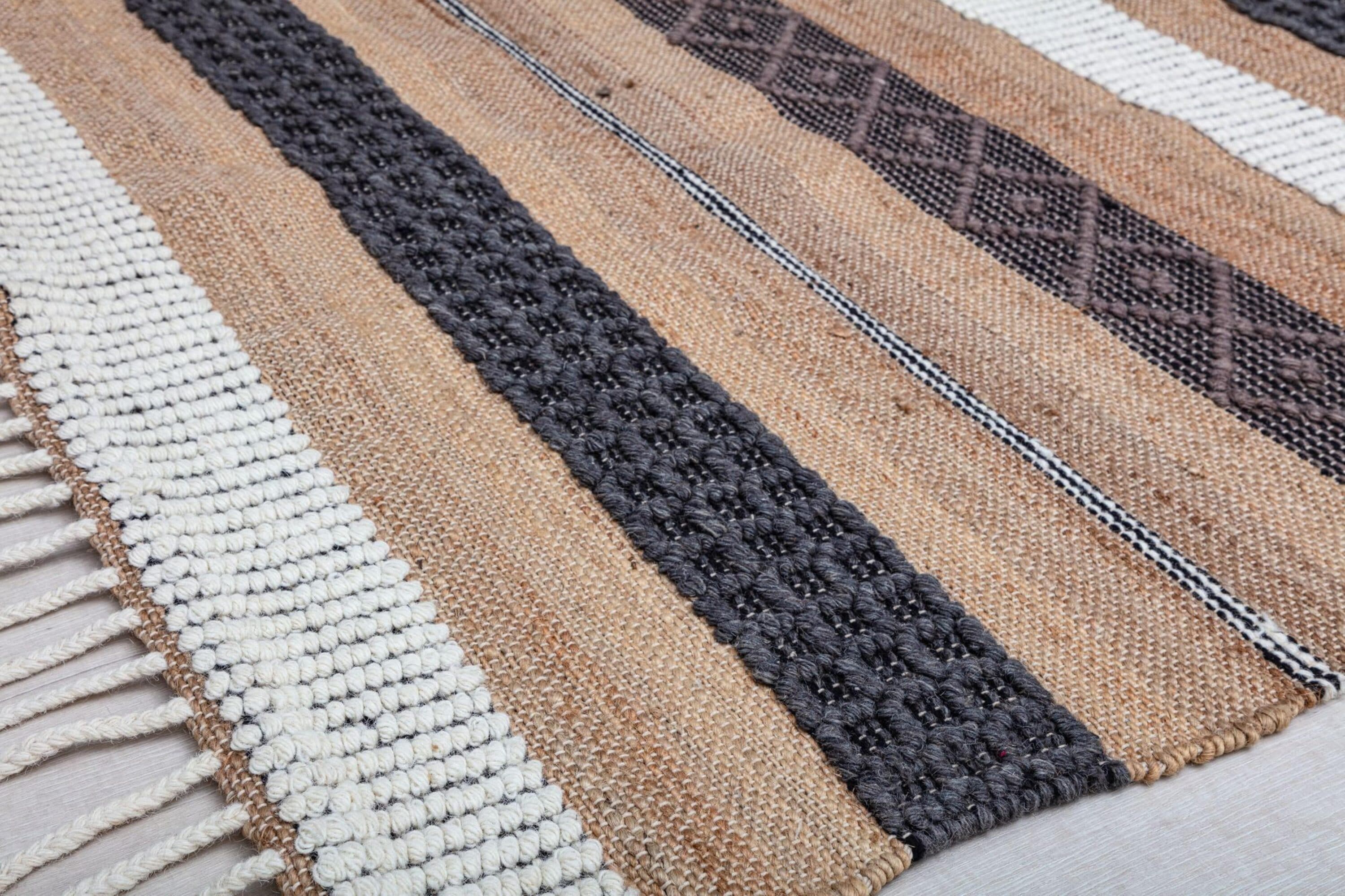 Handmade Black and Beige Wool Stripe Area Rug
