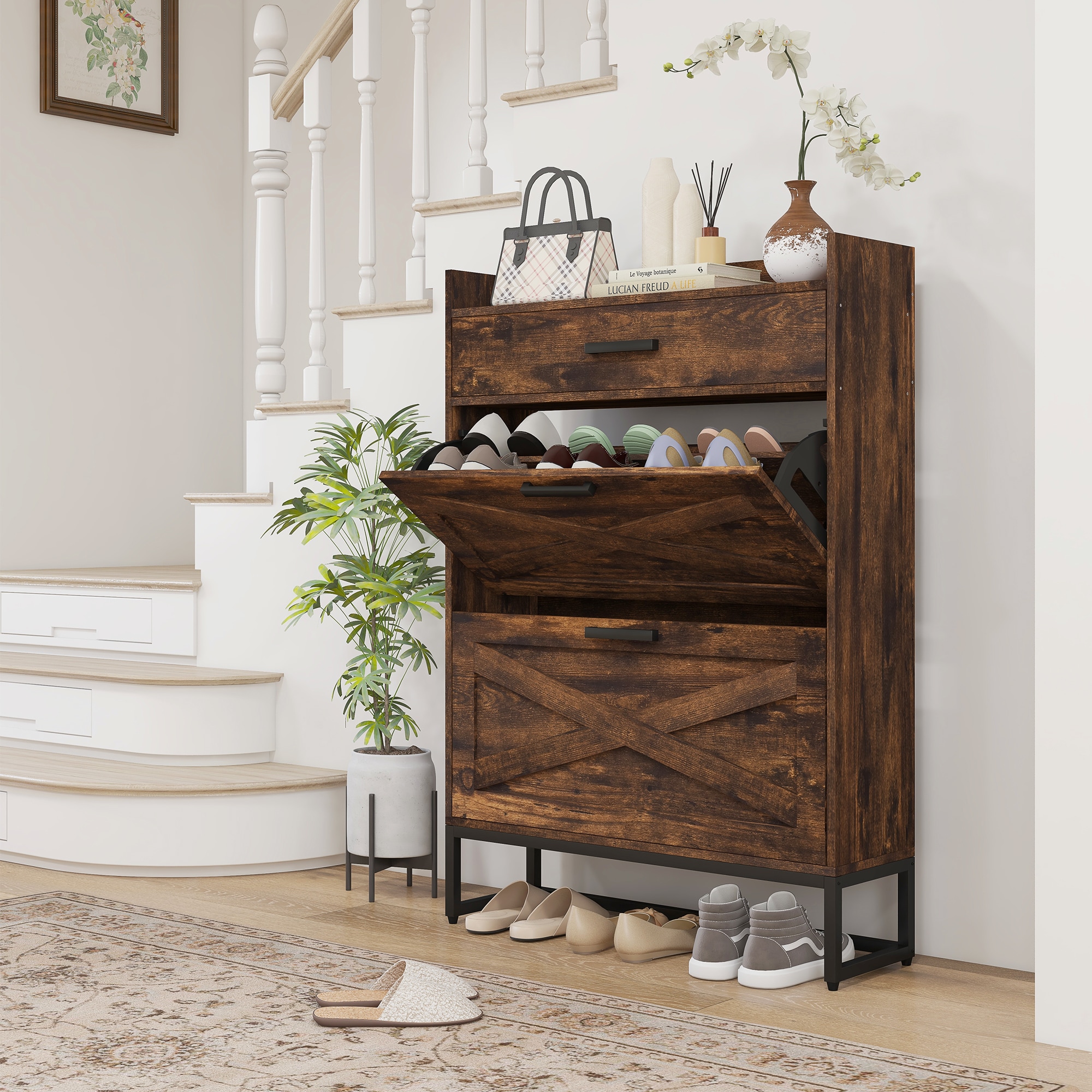 Mondawe MO-JH-XG2-BK 45.3-in H 2 Tier 12 pair Brown Wood Shoe cabinet