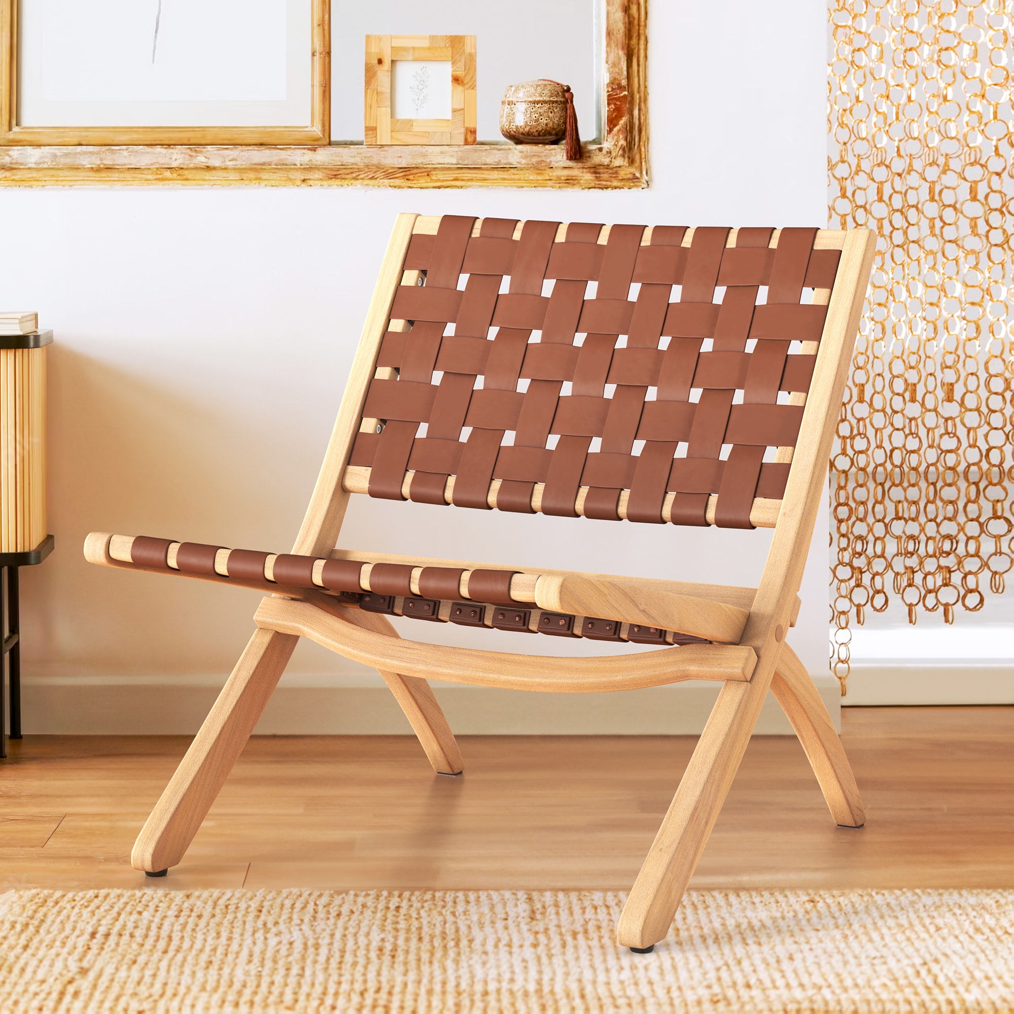 LUE BONA LB21CH0019-100LS Cognac Leather and Natural Wood Residential Standard Folding Chair with Woven Seat ( Indoor or outdoor )