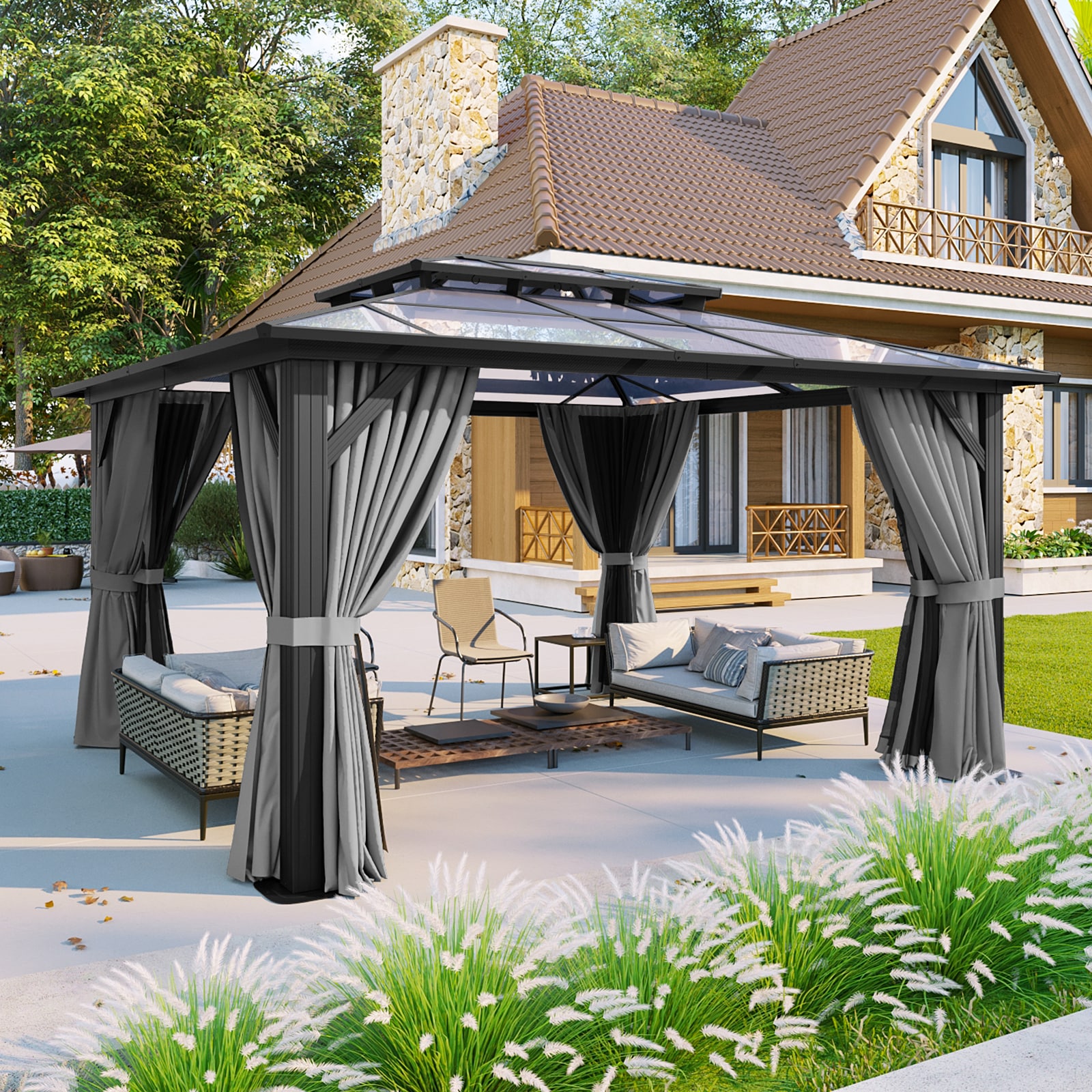 AOXUN AX-401G13 14-ft x 12-ft Outdoor Gazebos Gray Gazebo with Hardtop Roof (Screen Included)
