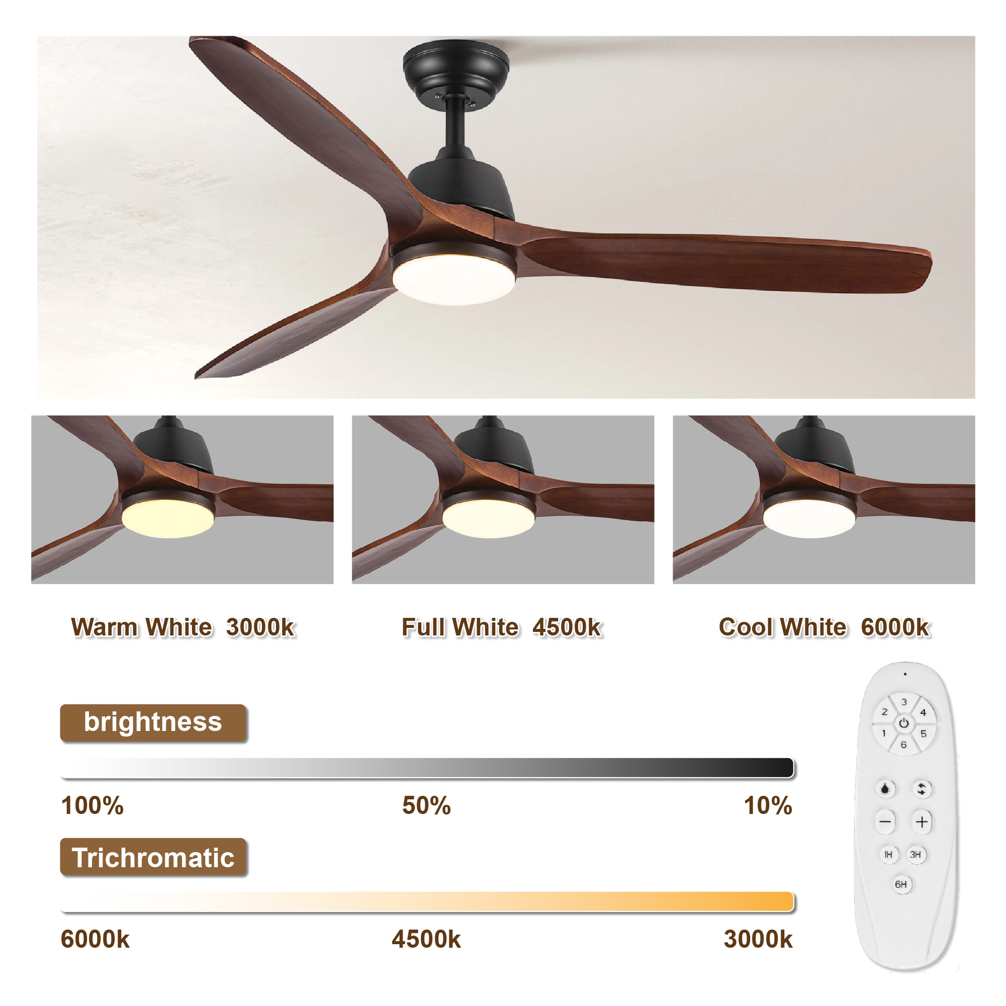 WELLFOR Dimmable Multi Ceiling Fan 52-in Black with Brown Blades Color ...