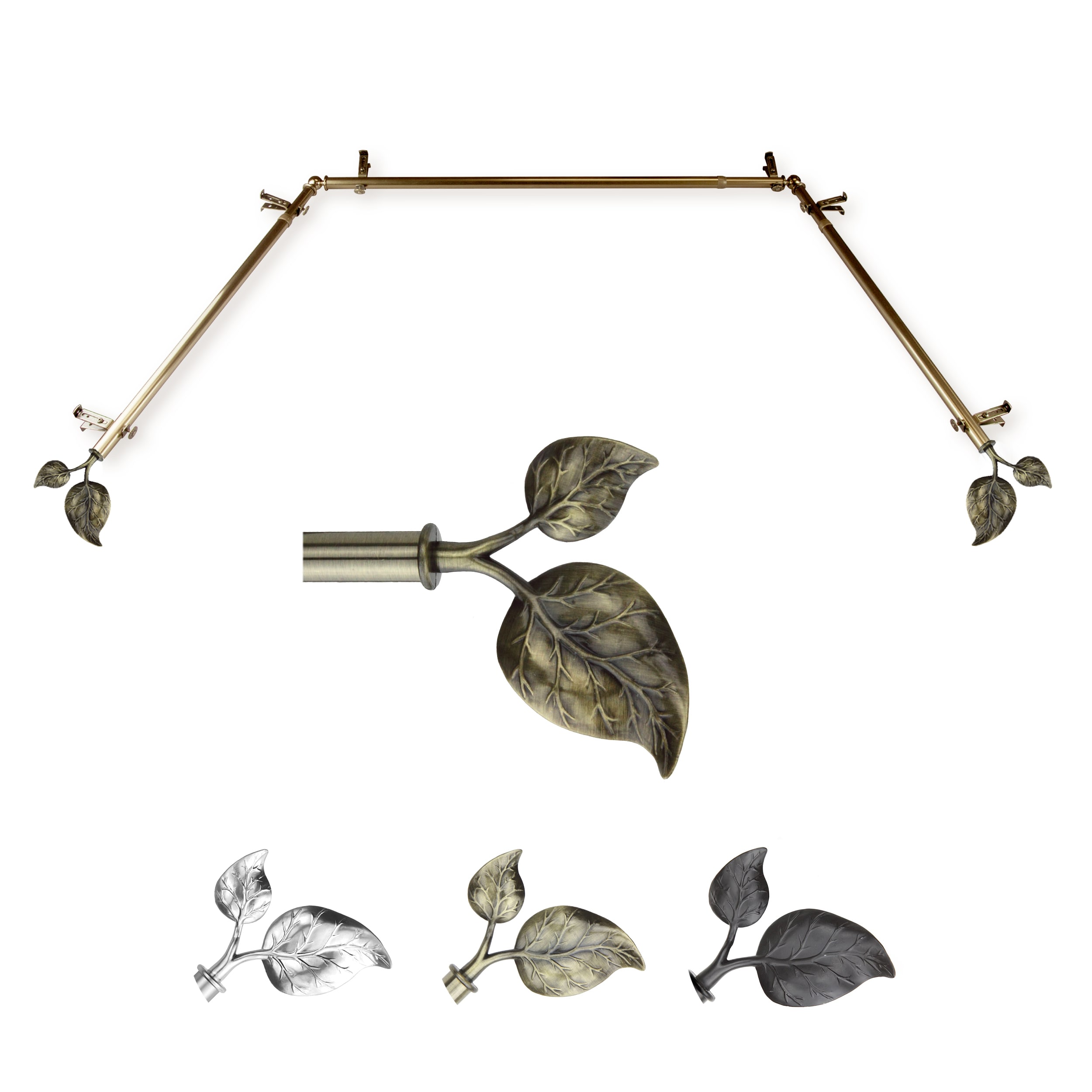 Hart & Harlow LO-ABAY-33-4 72-in to 144-in Antique Brass Steel Bay window curtain rod with Finials