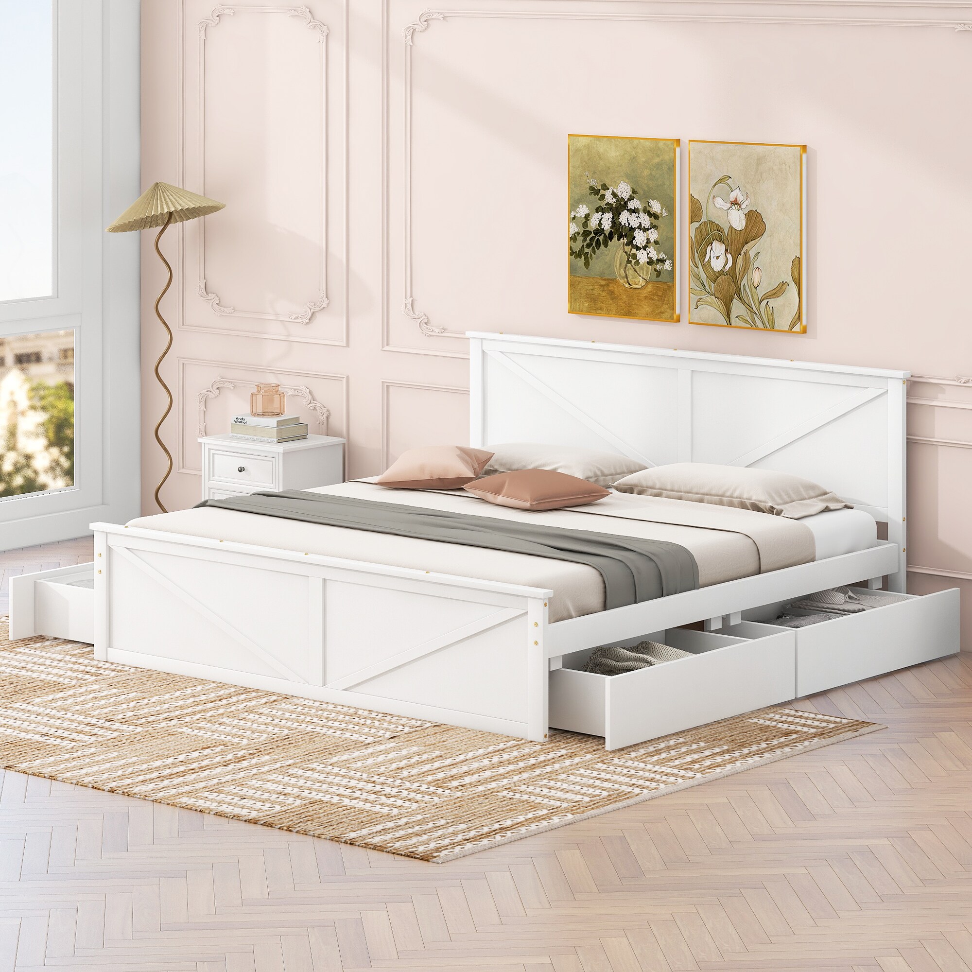 ModernLuxe SM000537AAK King Size Wooden Platform Bed with Four Storage Drawers and Support Legs White