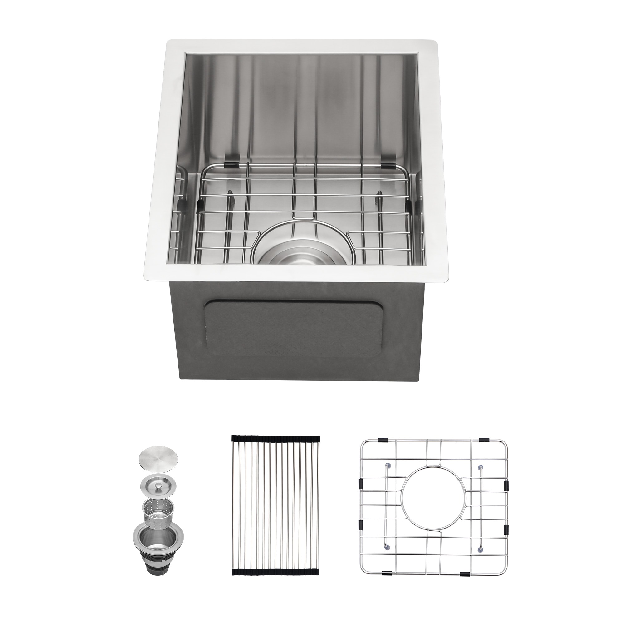 KICHAE Undermount 15-in x 17-in Single Bowl 16 Gauge Stainless Steel Bar Kitchen Sink in Brushed with Bottom Grid and Strainer