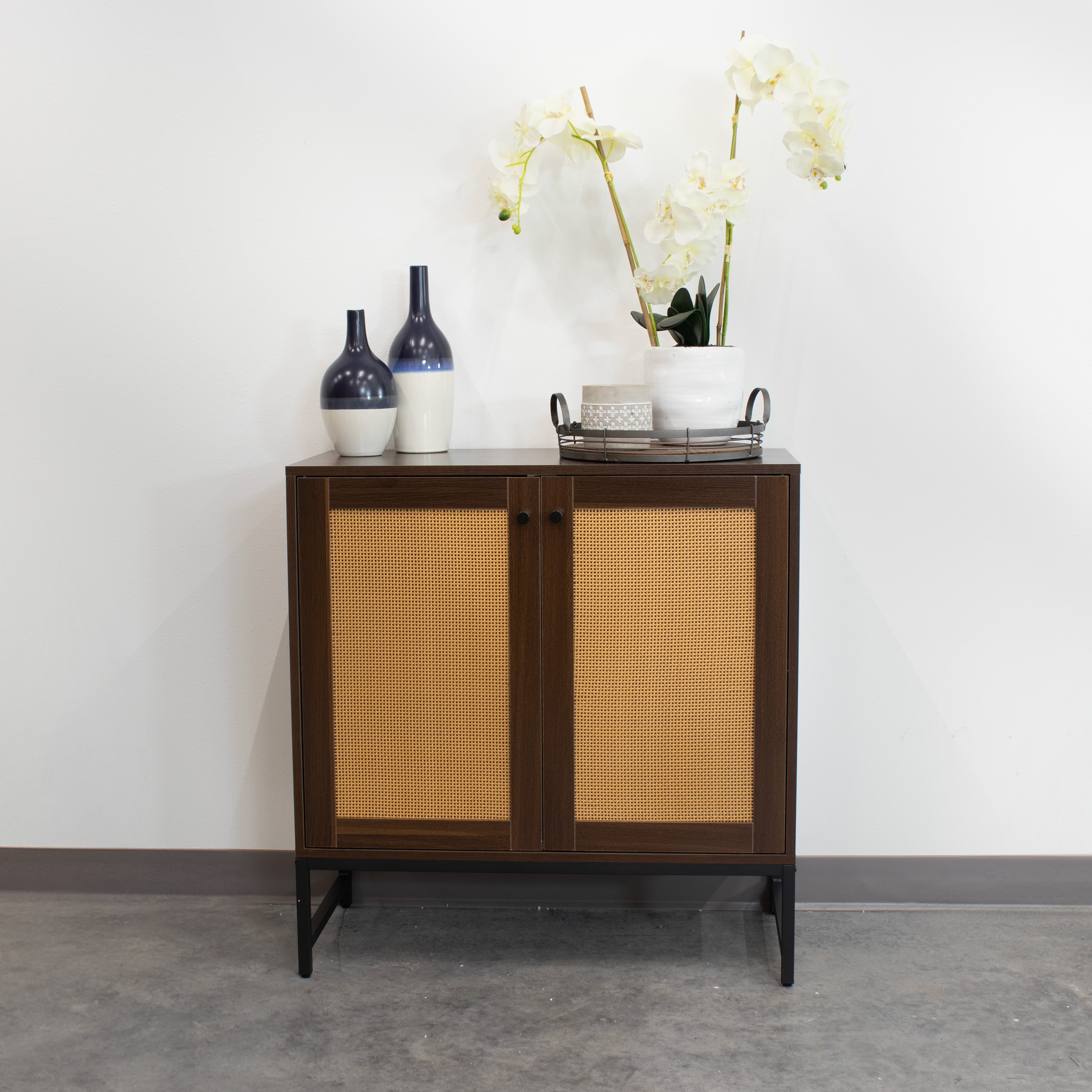 Dark Brown MDF and Rattan 2-Door Office Cabinet with Adjustable Shelving