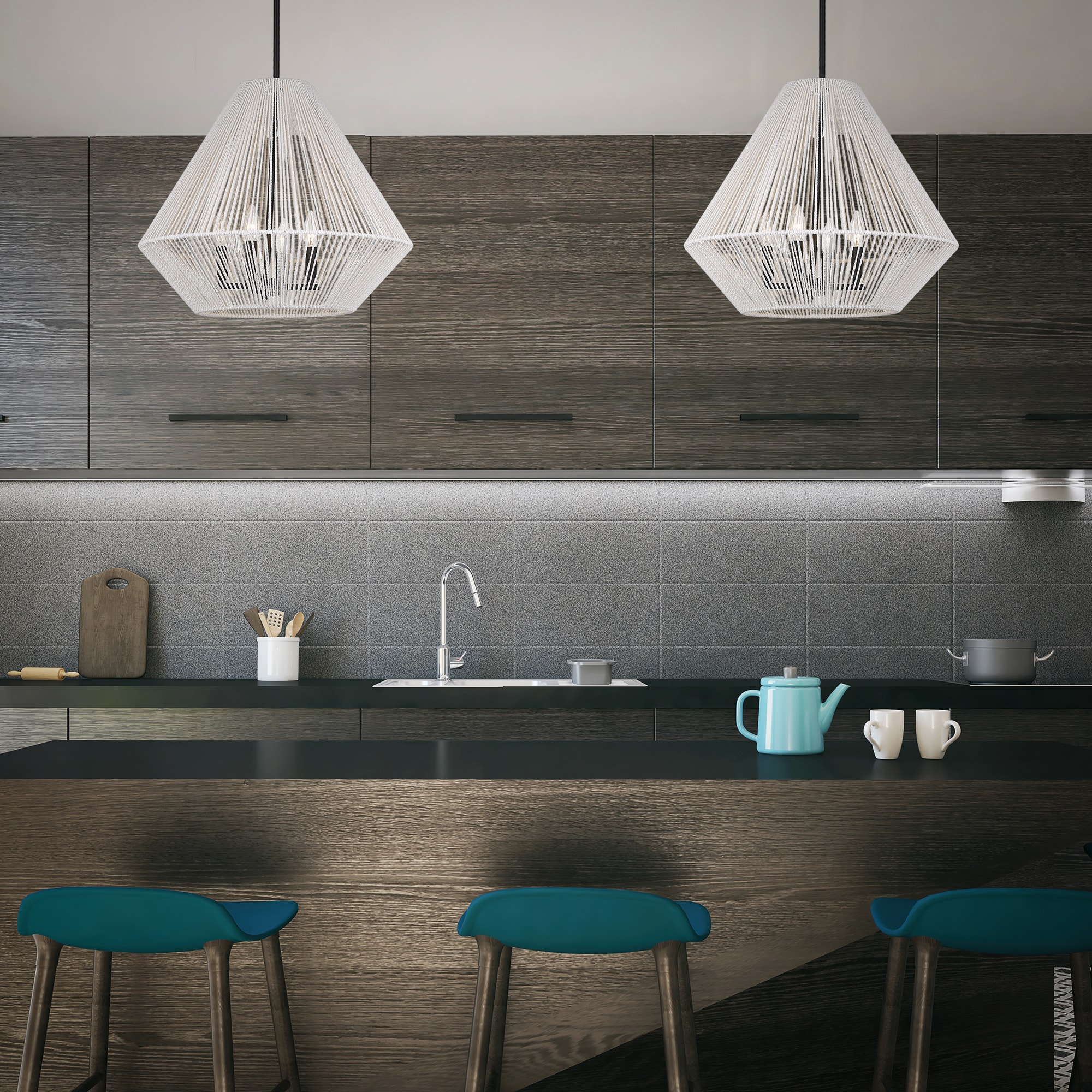 Valentina Matte Black and Bleached White Raphia 21" Pendant Light
