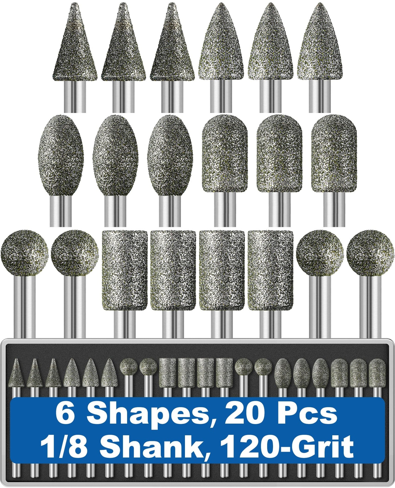 Justincity  20 pcs 120 grit diamond grinder bits 3mm shank rotary tool accessory set for stone glass ceramic metal resin quartz carving engraving