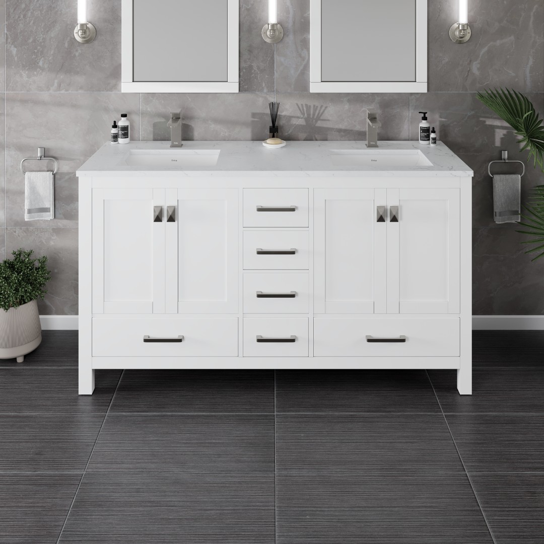 Eviva TVN414-60X18WH-Q London 60-in White Undermount Double Sink Bathroom Vanity with White Quartz Top