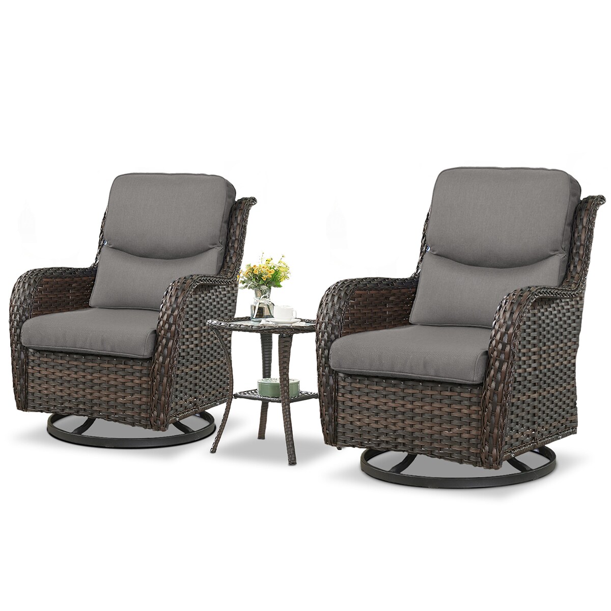 Rilyson FSXL035-3 Smiley Set of 2 Wicker Brown Wicker Frame Swivel glider Conversation Chair with Brown Gray Cushioned Seat