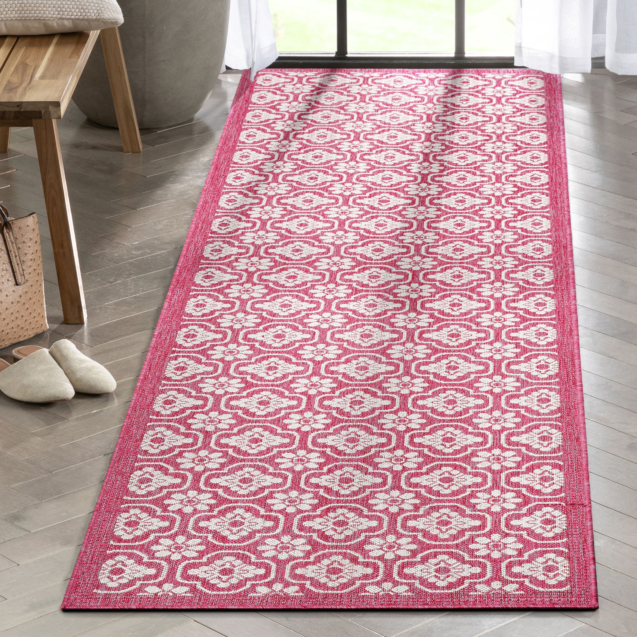 Well Woven MED-239-2L 2 x 9 (ft) Flatweave Polypropylene Fuschia Rectangular Indoor/Outdoor Tribal Mid-Century Modern Runner rug