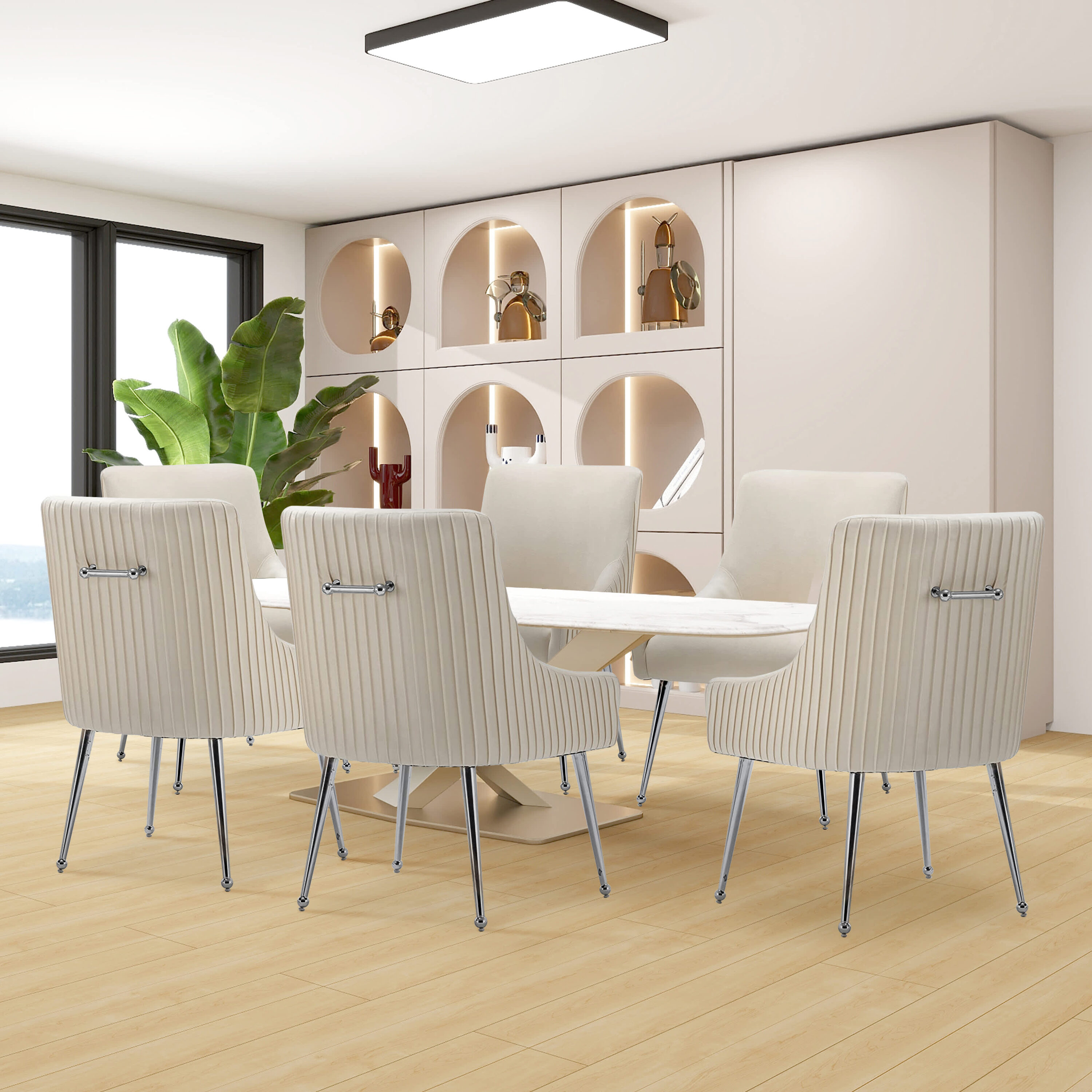 SEYNAR XY442-BEIGE-S6 Modern Velvet Pleated Finish Back Dining Chair Set of 6 with Rear Handle