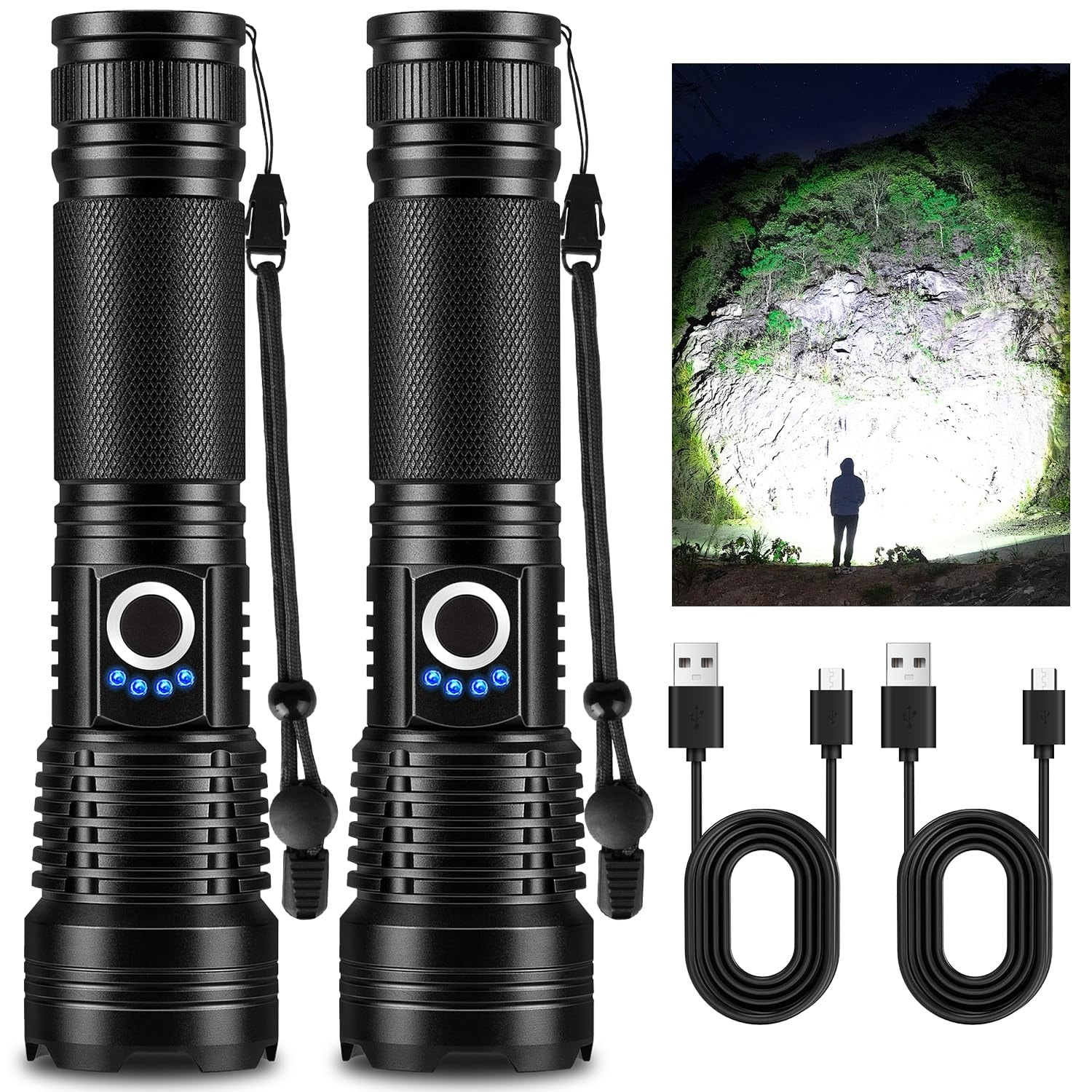 Justincity  2 Pack Rechargeable LED Flashlights 99000 Lumen 5 Mode IPX6 Waterproof Adjustable Beam Handheld for Outdoor Emergency Camping