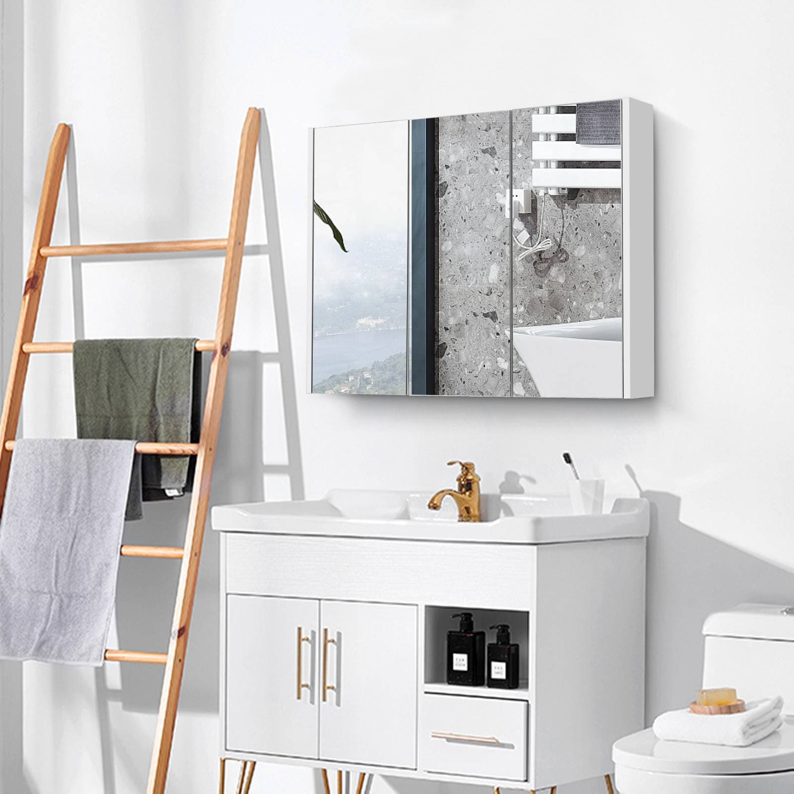 Forclover 35.5-in x 25.5-in Lighted LED Surface Mount White Medicine Cabinet