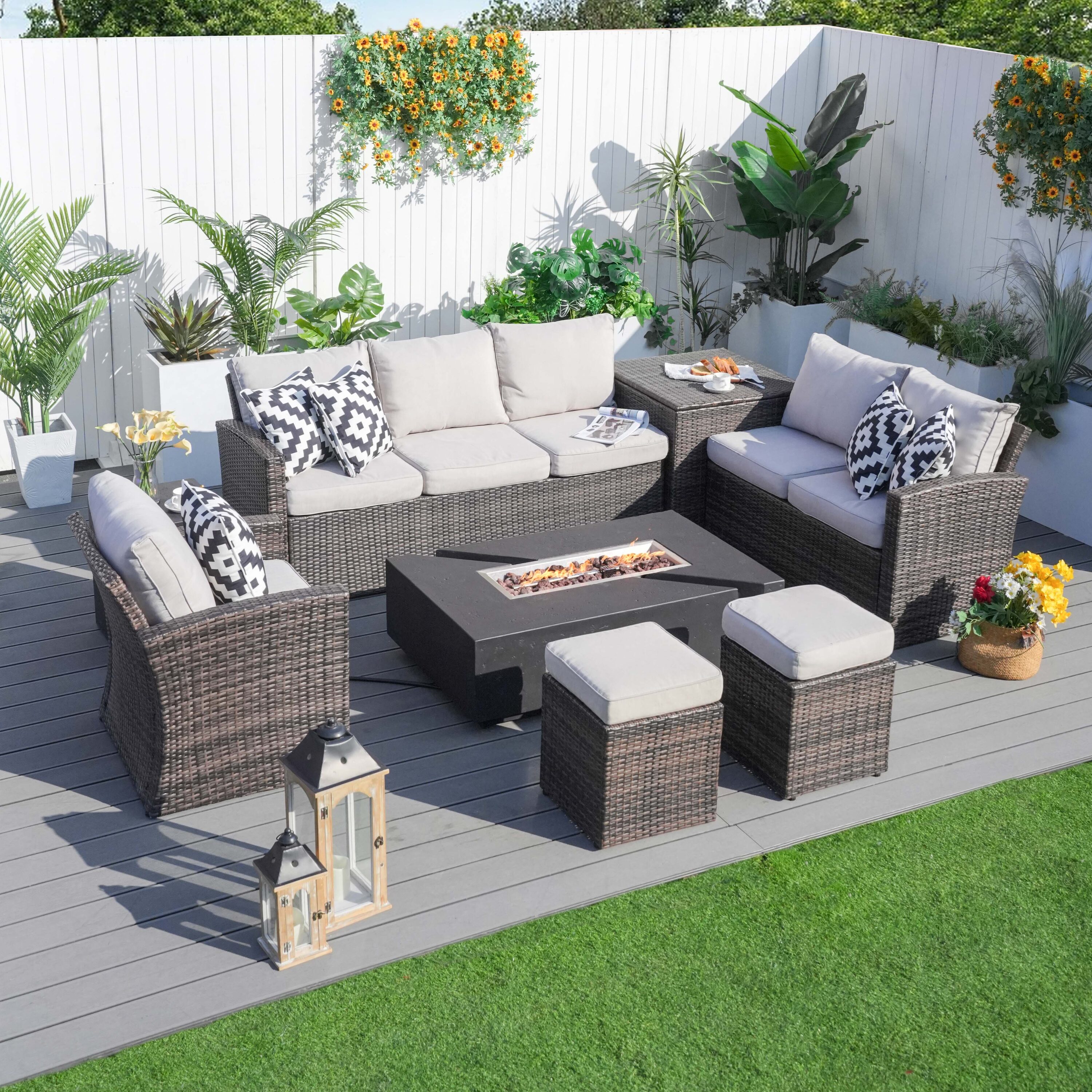 Direct Wicker DWG-1403BBR&24913BK 7 -Piece 3 Patio Sofa Conversation Set with Beige Cushions