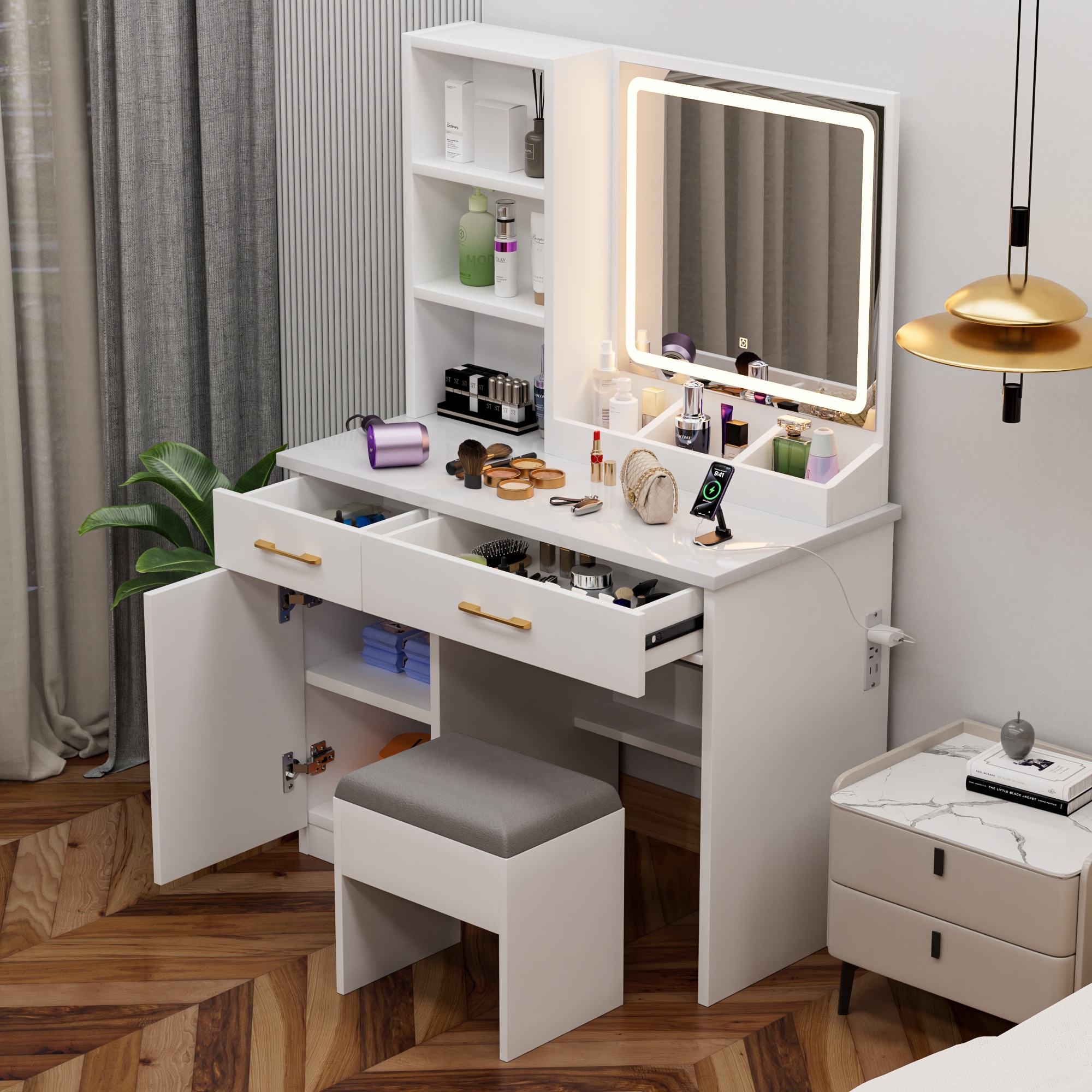 Tatayosi DJ2-7P284258 32 Inch Wide Vanity Desk with LED Mirror and Charging Station Large Storage Dressing Table with Cushioned Stool for Bedroom