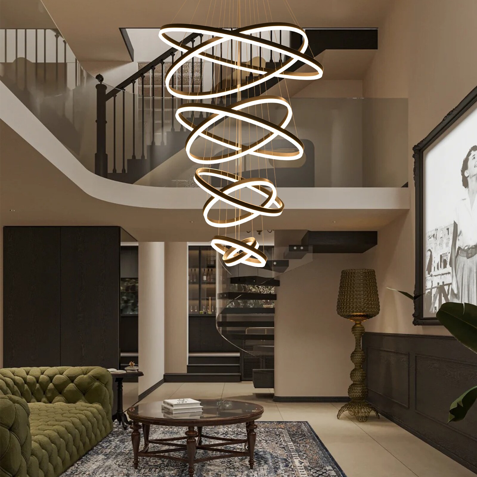 xersbav Modern 8 Rings 35in Black Dimmable LED Chandelier with Remote ...