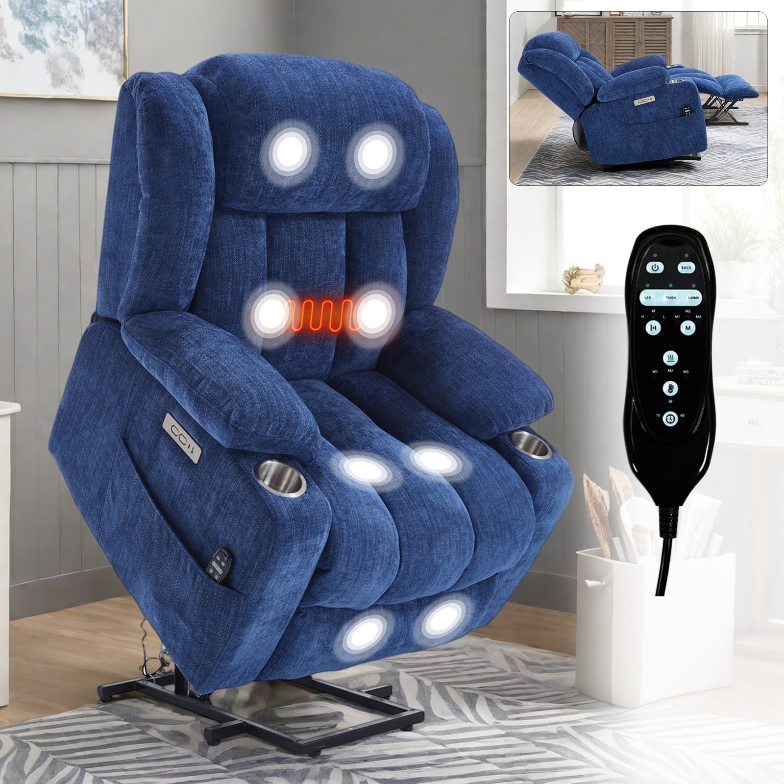 Tatayosi RY-03S00070 Blue Chenille Power Lift Recliner Chair with Massage Heat USB Ports and Stainless Steel Cup Holders Heavy Duty 350 lbs Capacity