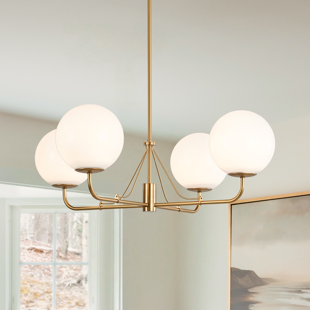 Wonderindoor 4-Light L-Shaped Tube Umbrella Opal Glass Globe Chandelier in Brushed Gold