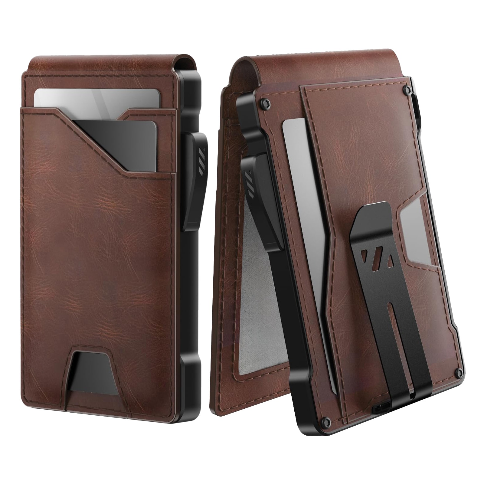 Etokfoks  tactical pop up card holder wallet with genuine leather and aluminum RFID blocking slim front pocket money clip ID window 8 slot