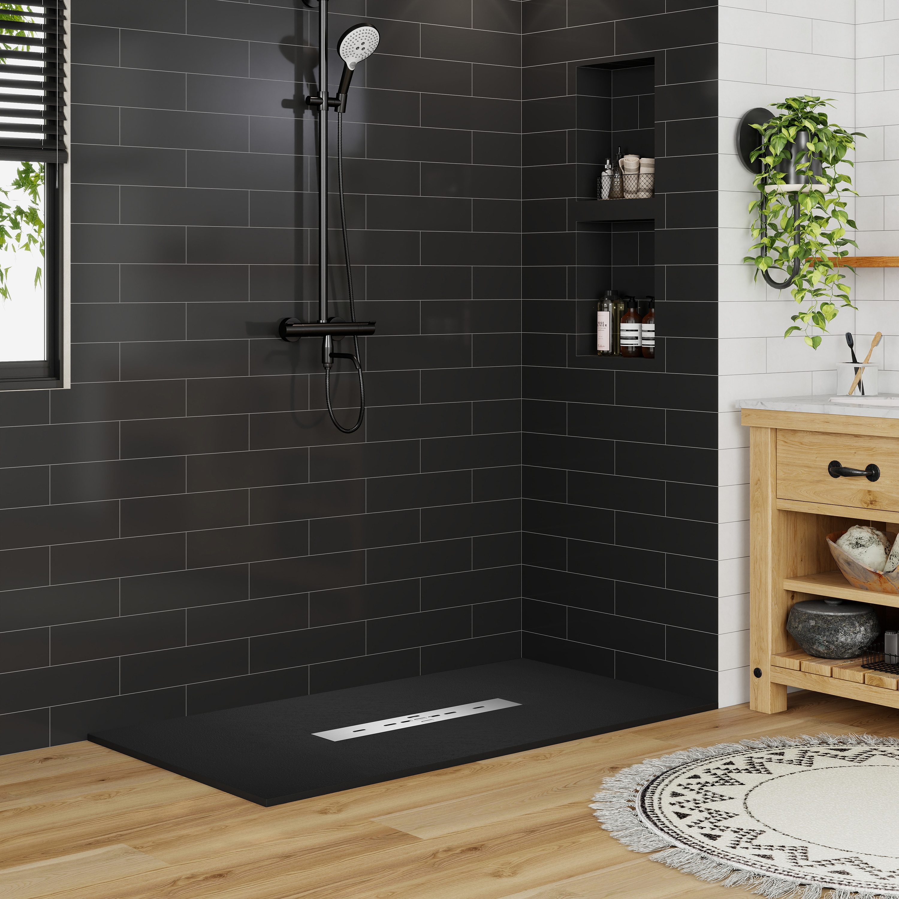 CASAINC 60 in x 32 in Black SMC Shower Base with Center Drain Low-Threshold Anti-Slip Design Durable Crack-Resistant Construction with Aluminum Flashing Kits