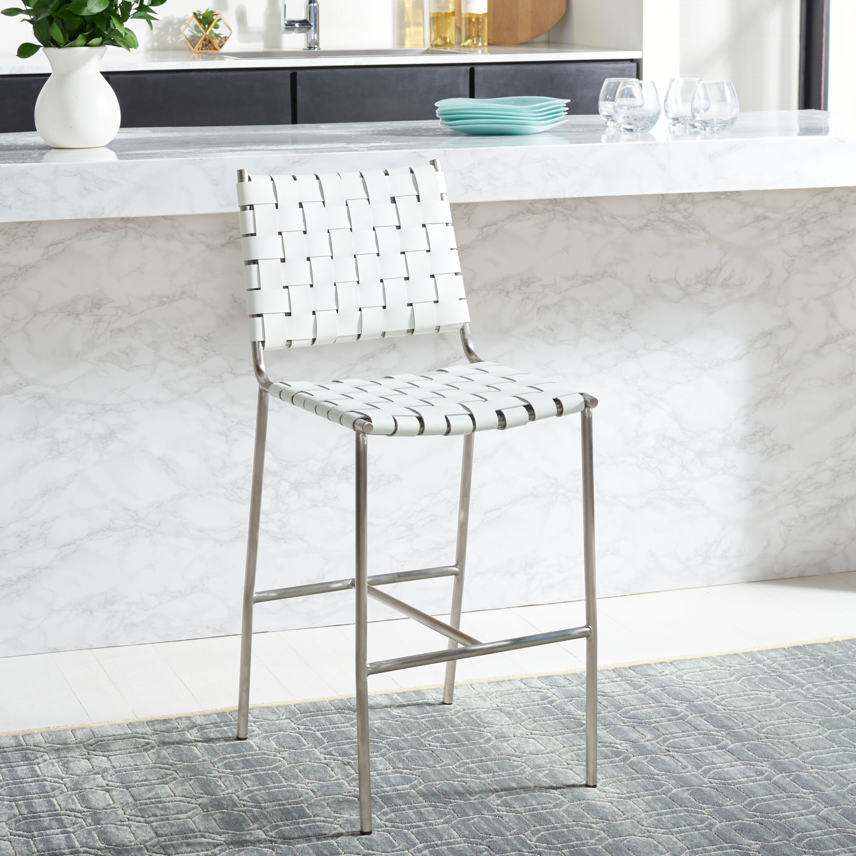 Olenna 41" White Leather and Silver Metal Saddle Counter Stool