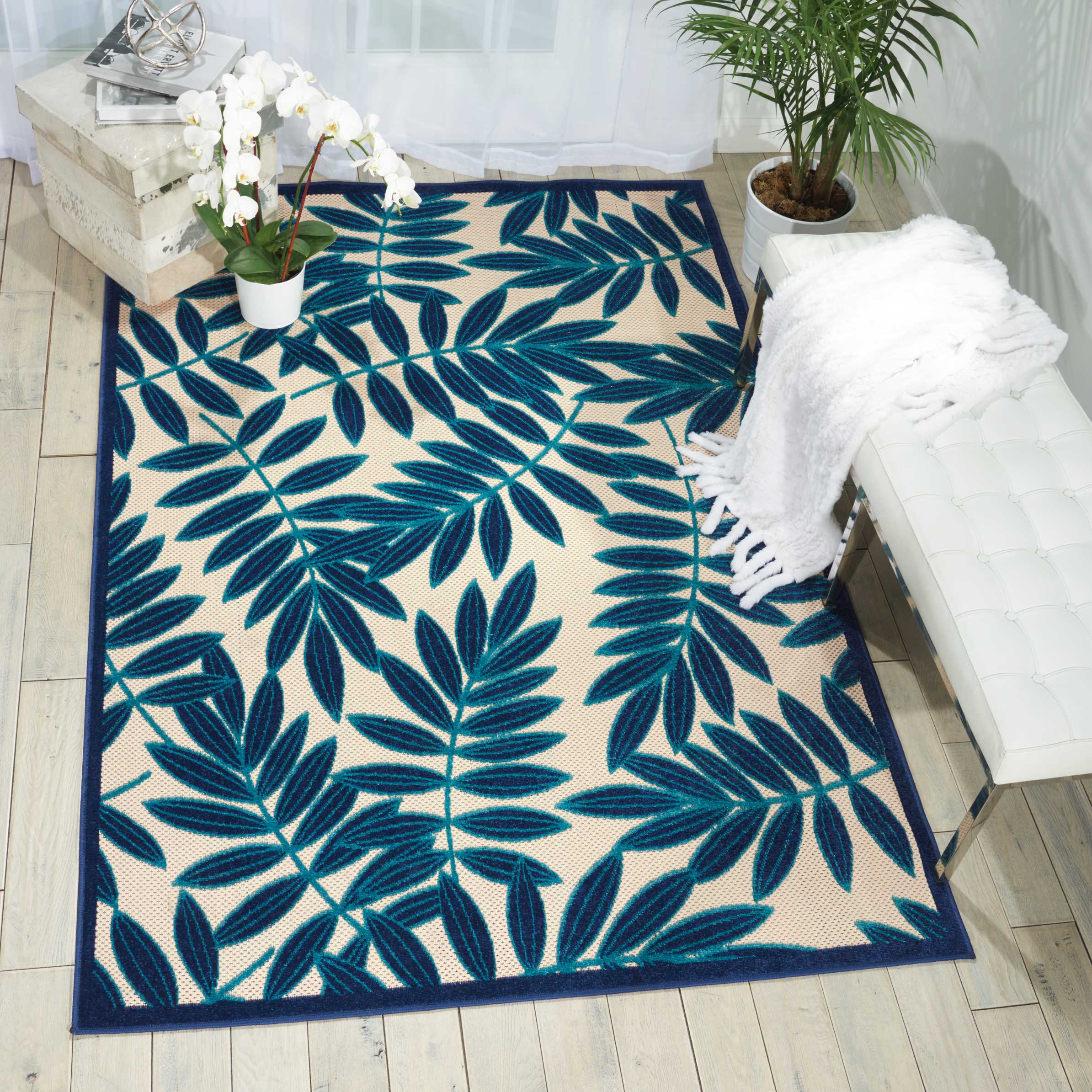 Nourison 37669 Aloha 8 x 10 (ft) Polypropylene Navy Rectangular Indoor/Outdoor Abstract Tropical Area rug