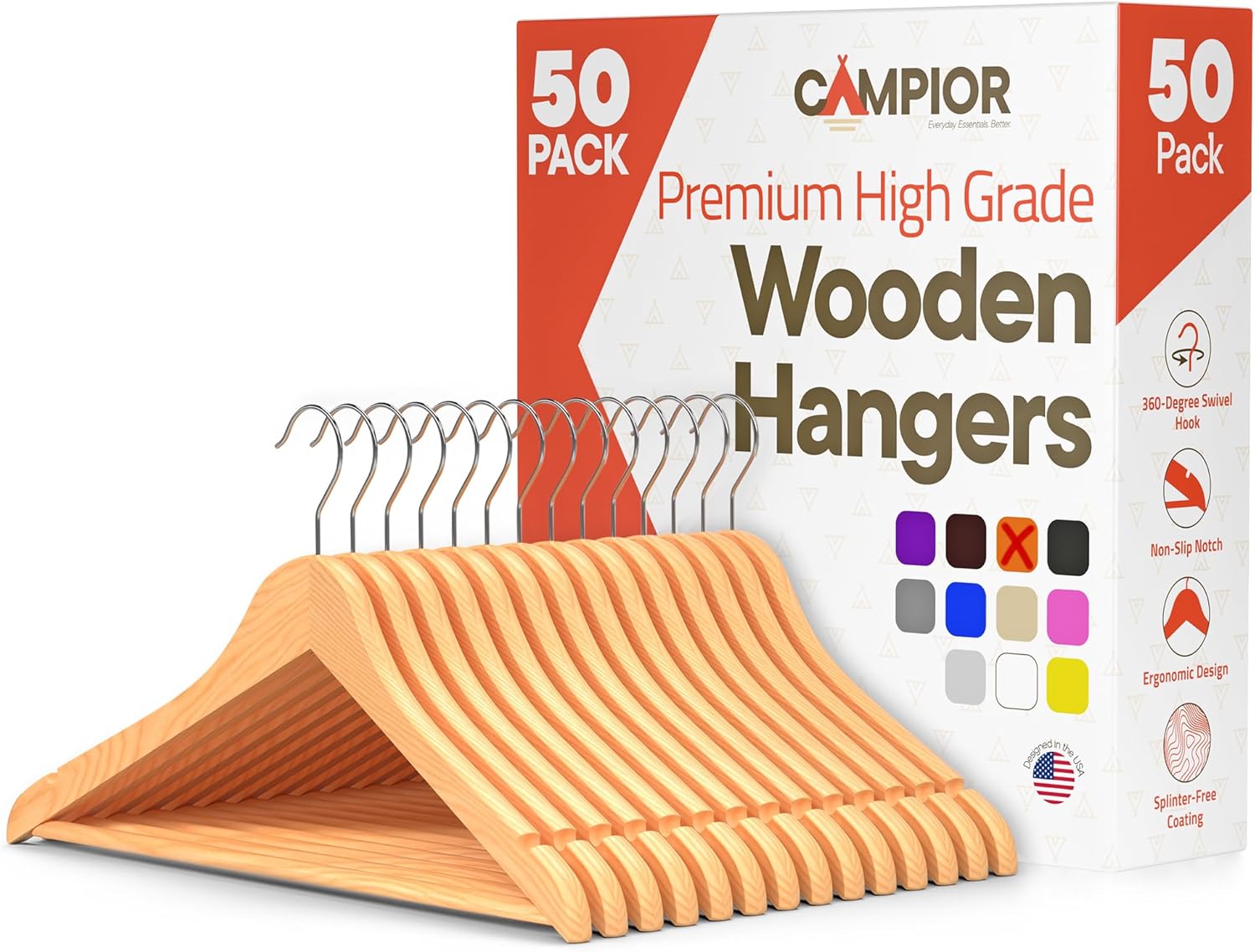 Campior Natural Wooden Hangers Heavy Duty Hangers with 360 Degree Swivel Hook Non Slip Pants Bar and Shoulder Grooves Wooden Hangers for Suits Jackets Dresses Camisoles Space Saving Smooth Finish Pack of 50