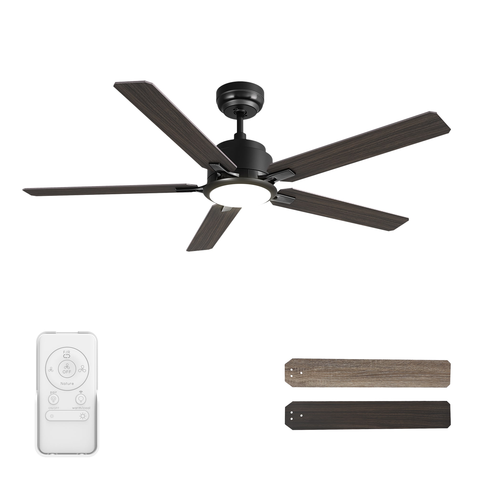 CARRO USA Essex 52-in Black with Wooden/Walnut Blades Indoor/Outdoor Smart Ceiling Fan with Light and Remote (5-Blade) LS525J-L12-BG-1 Sansujyuku sansujyuku.com