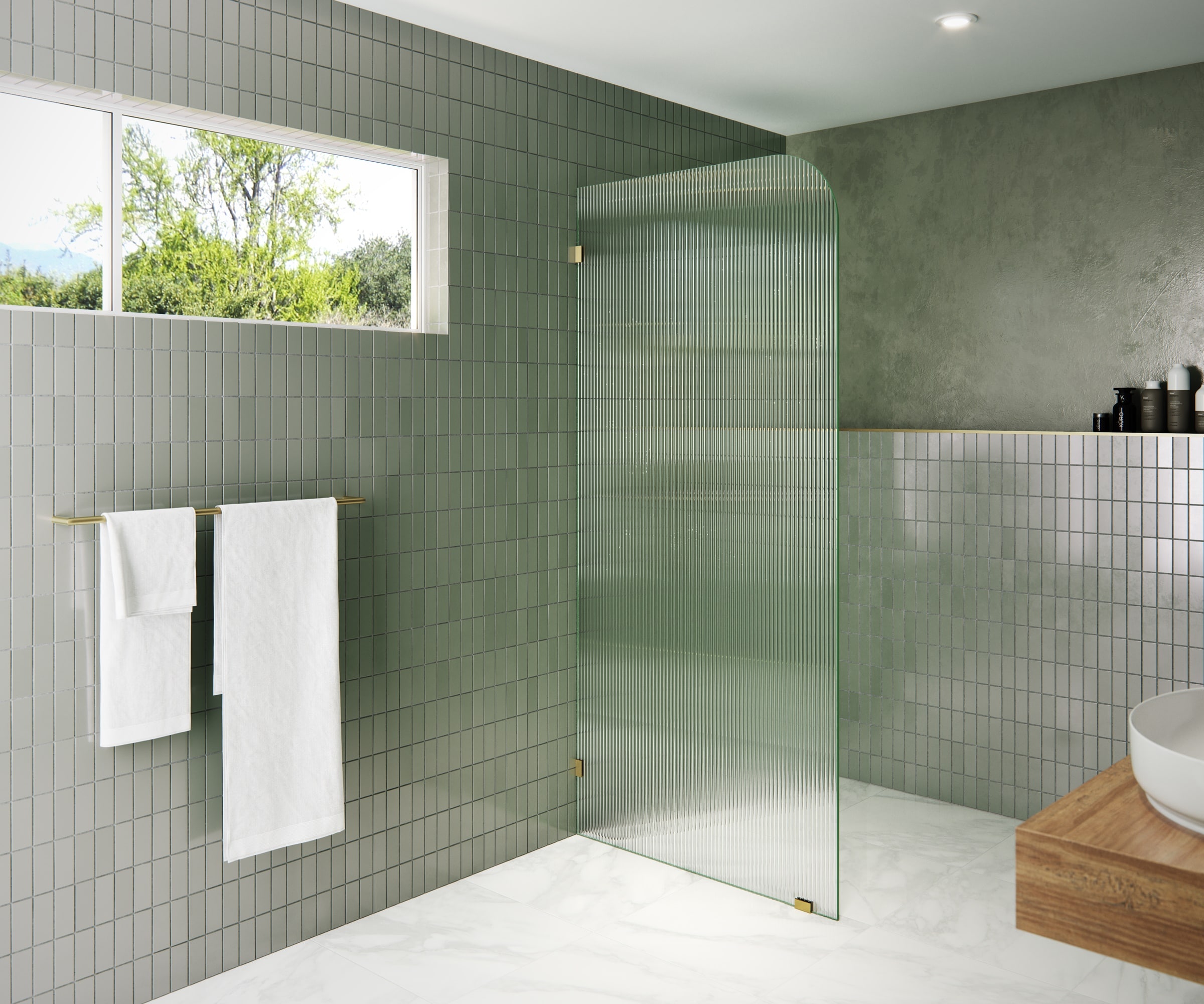 Glass Warehouse FL-RAD-36-L-SB Aurora Satin Brass 36-in W x 78-in H Frameless Fixed Shower Door 3/8-in Thick Tempered Glass