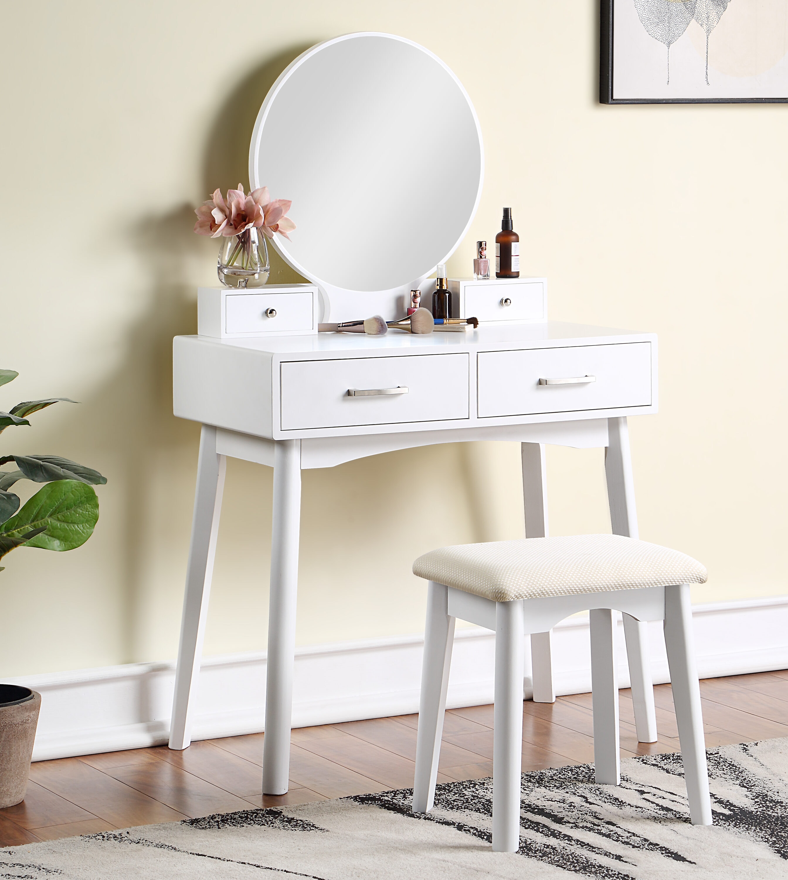 Tatayosi DJ2-4P164239 White Contemporary Wood Vanity Set with Round Mirror and Storage Drawers Matching Stool Included