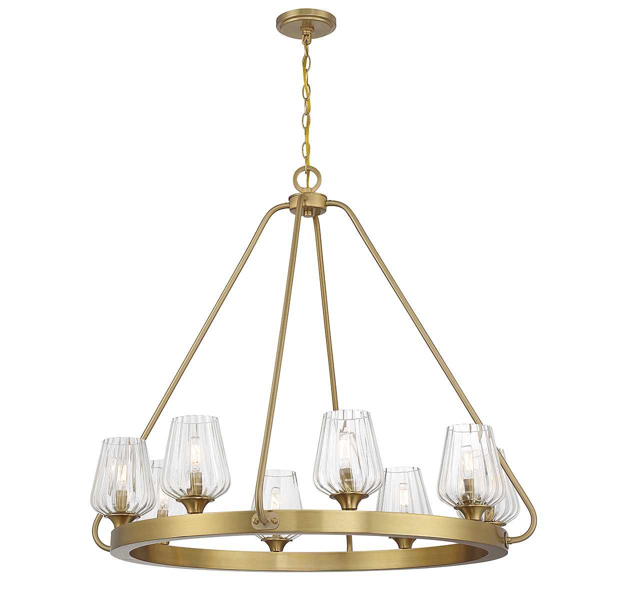 Warm Brass 8-Light Chandelier with Ribbed Glass Shades
