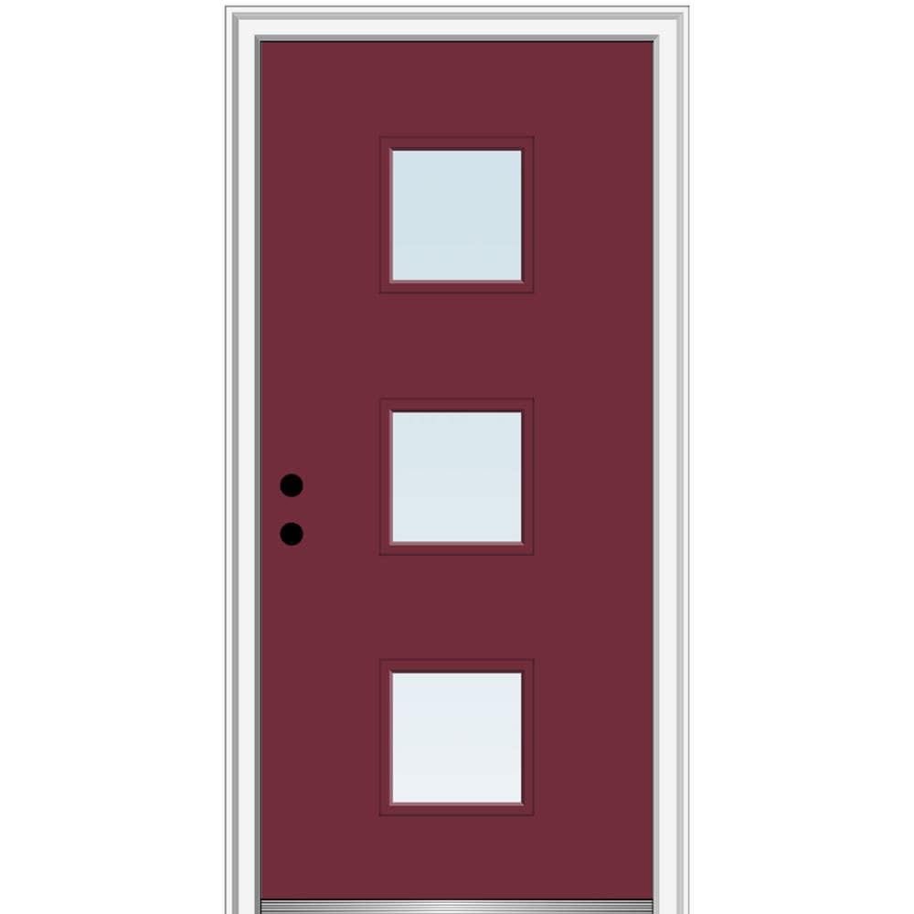 MMI DOOR ZZ346136R Spotlights 30-in x 80-in x 4-9/16-in Fiberglass Pulse lite Right-hand inswing Burgundy Painted Prehung Front Door with Brickmould Insulating core