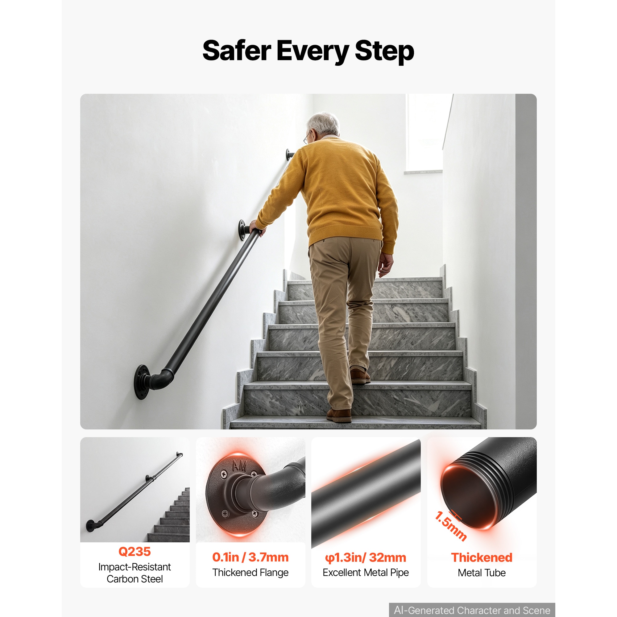 VEVOR Wall-Mounted Stair Handrail 7 ft 440 lbs Load Black Metal Railing ...