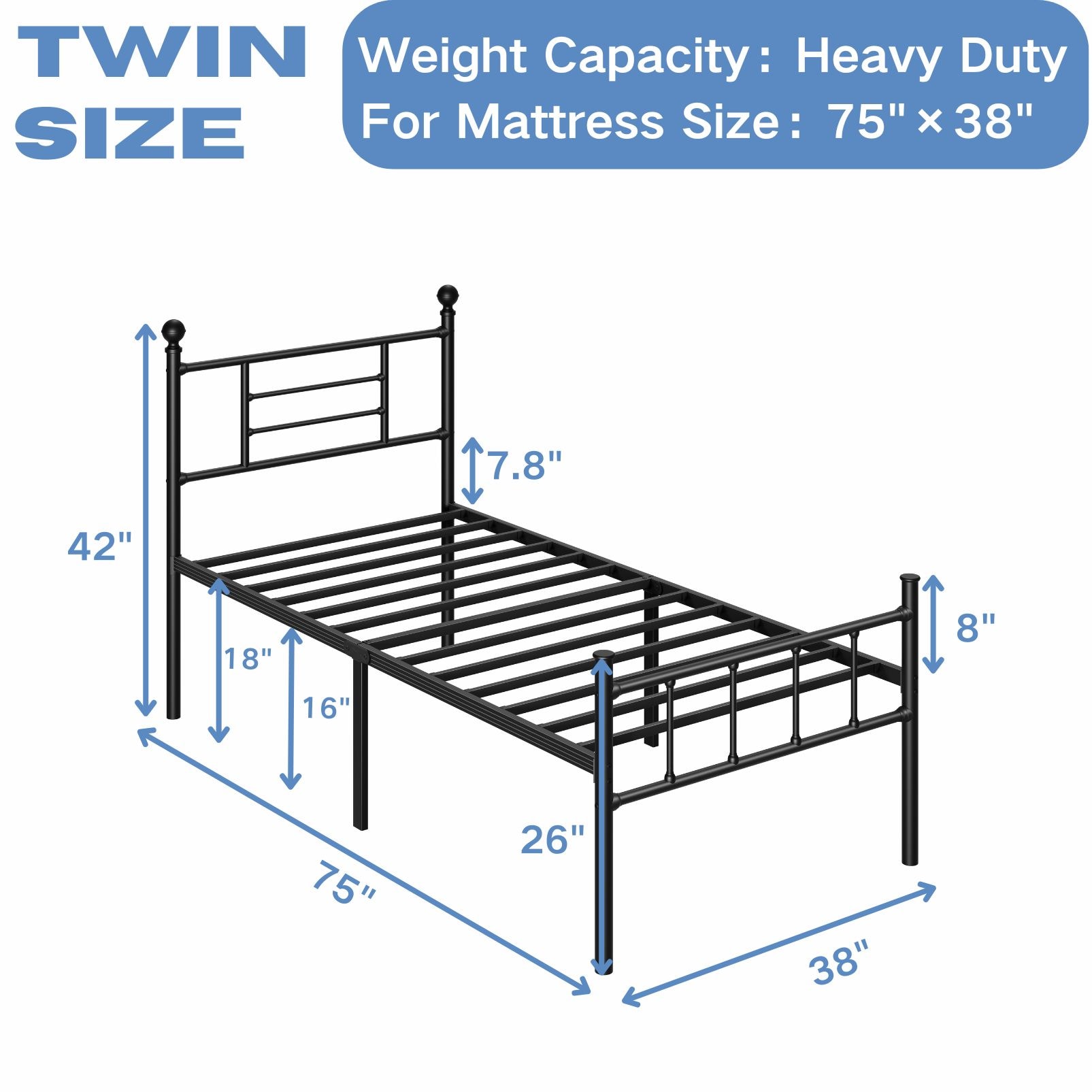Ziyoo 42 inch High Platform Twin Bed Frame With Headboard metal bed ...