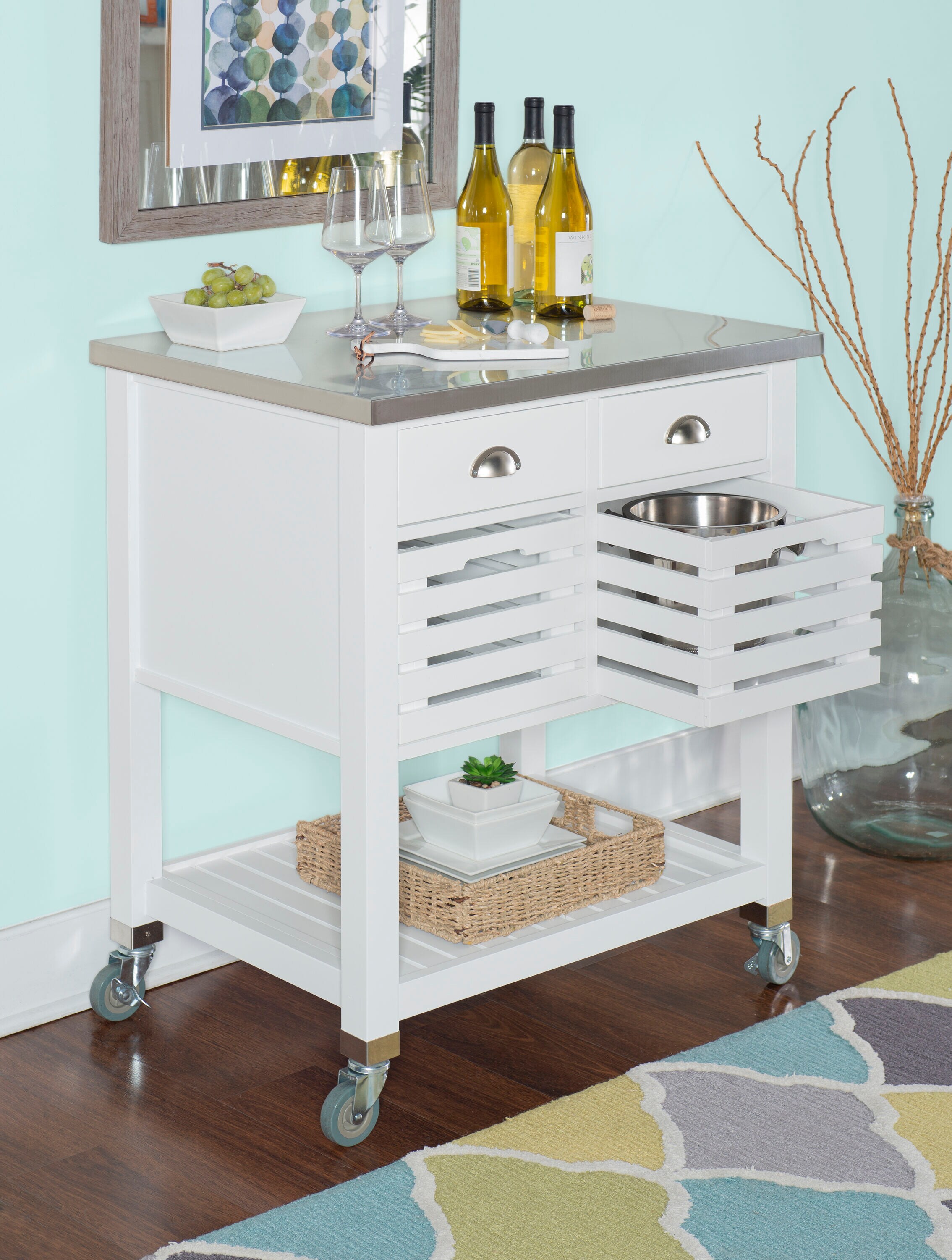 Farmhouse Charm White Stainless Steel Kitchen Cart with Butcher Block
