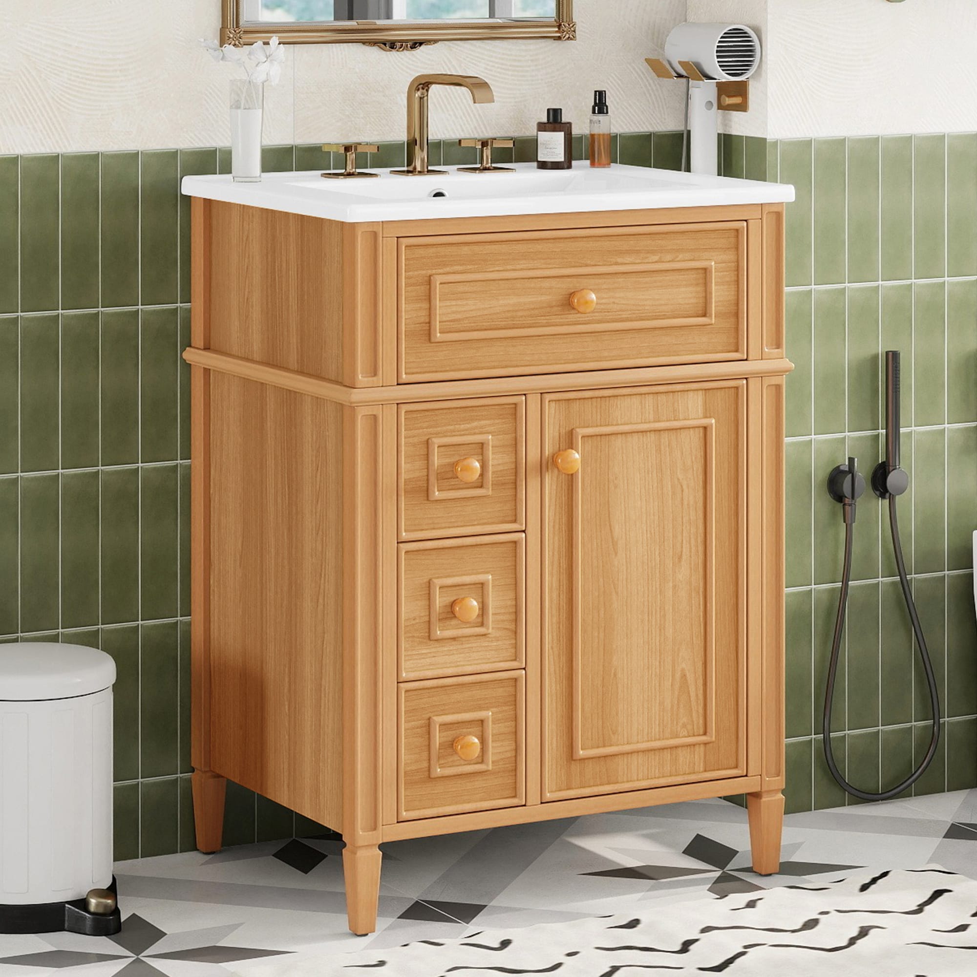 Boho Havens 24 Bathroom Vanity with Sink Wood Vanity Cabinet with Flip-Out Drawer 2 Soft-Close Drawers 1 Soft-Close Door Solid Wood MDF Elegant Wood Handles